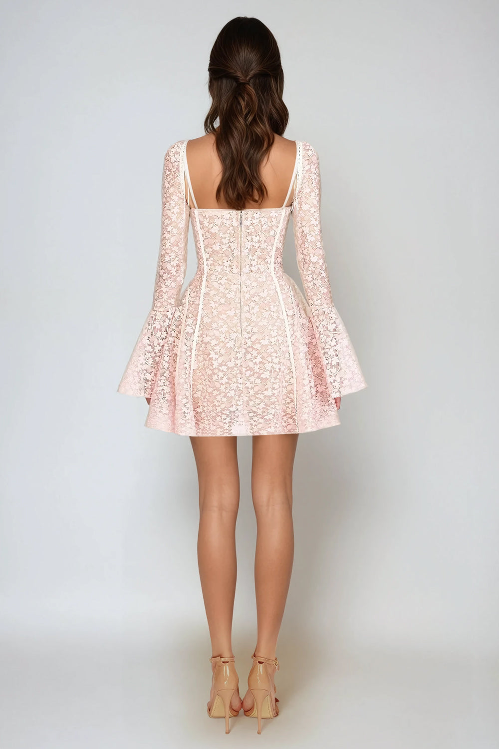 Mini Dress with Lace Overlay and Flared Sleeves - Beige