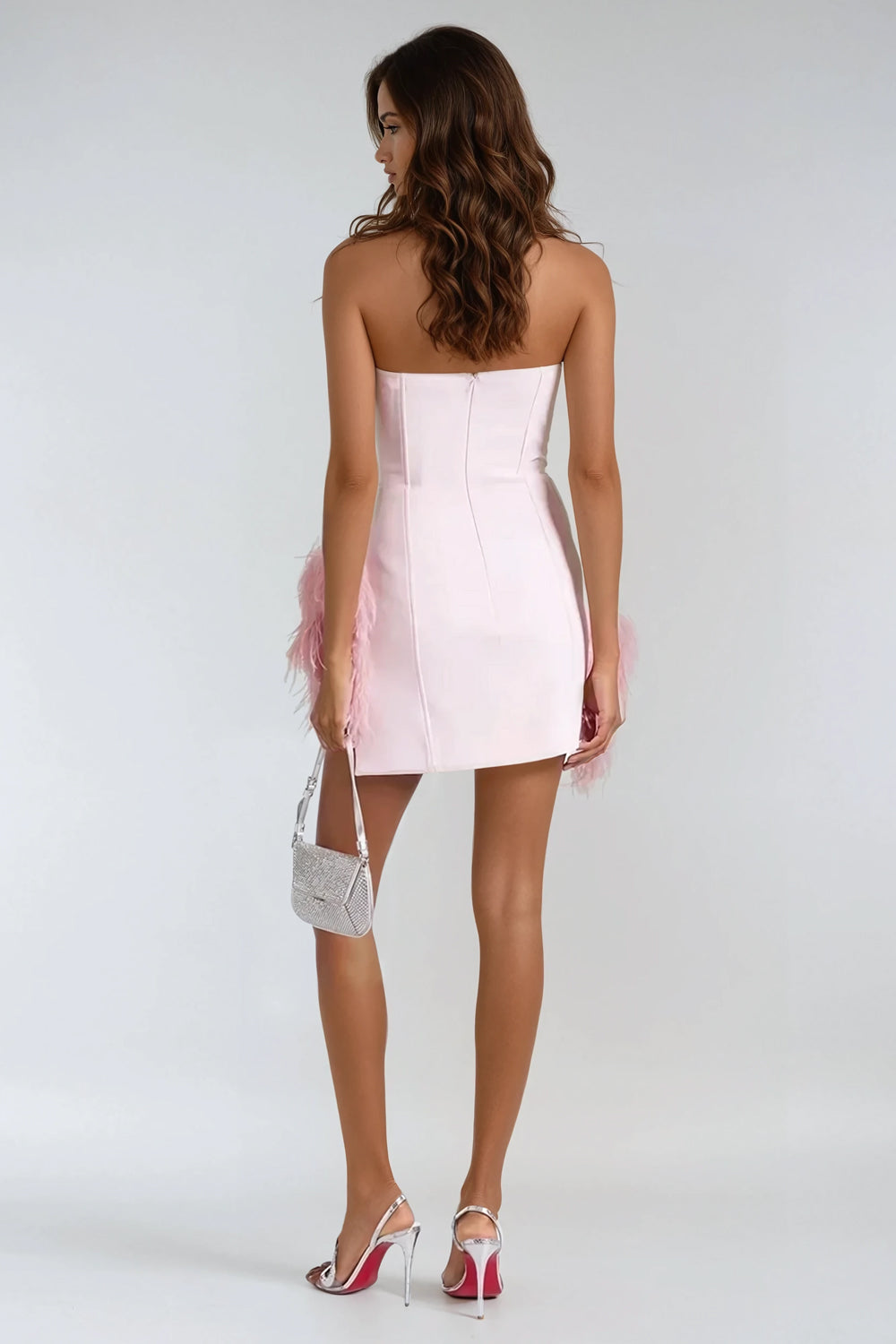Strapless Mini Dress with Feathered Hem - Pink