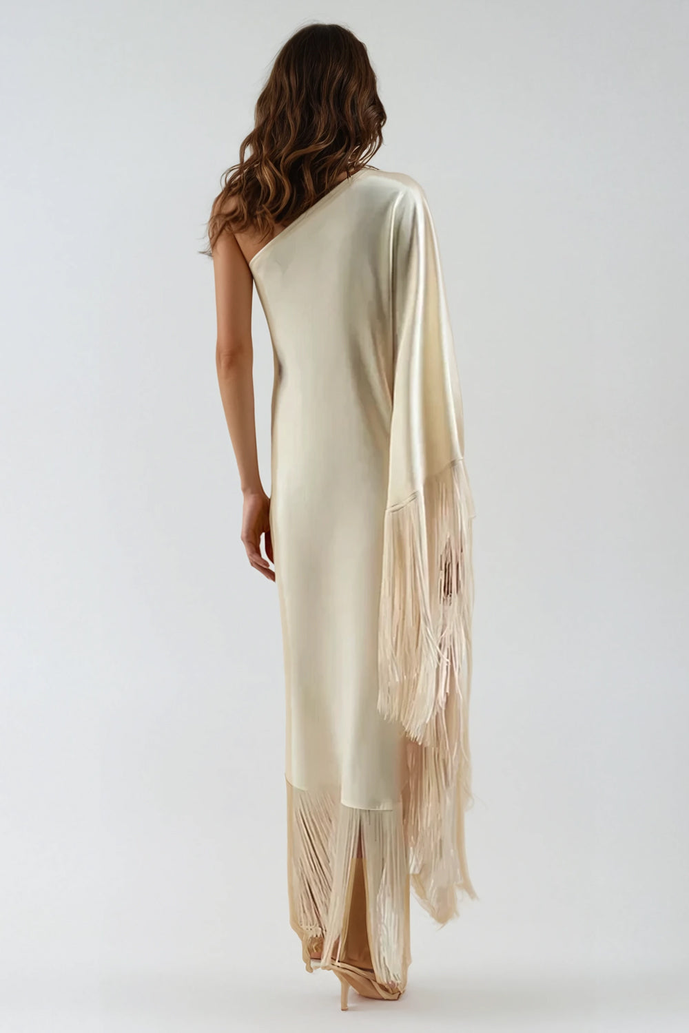 Asymmetrical Midi Dress with Fringe Detailing - Beige