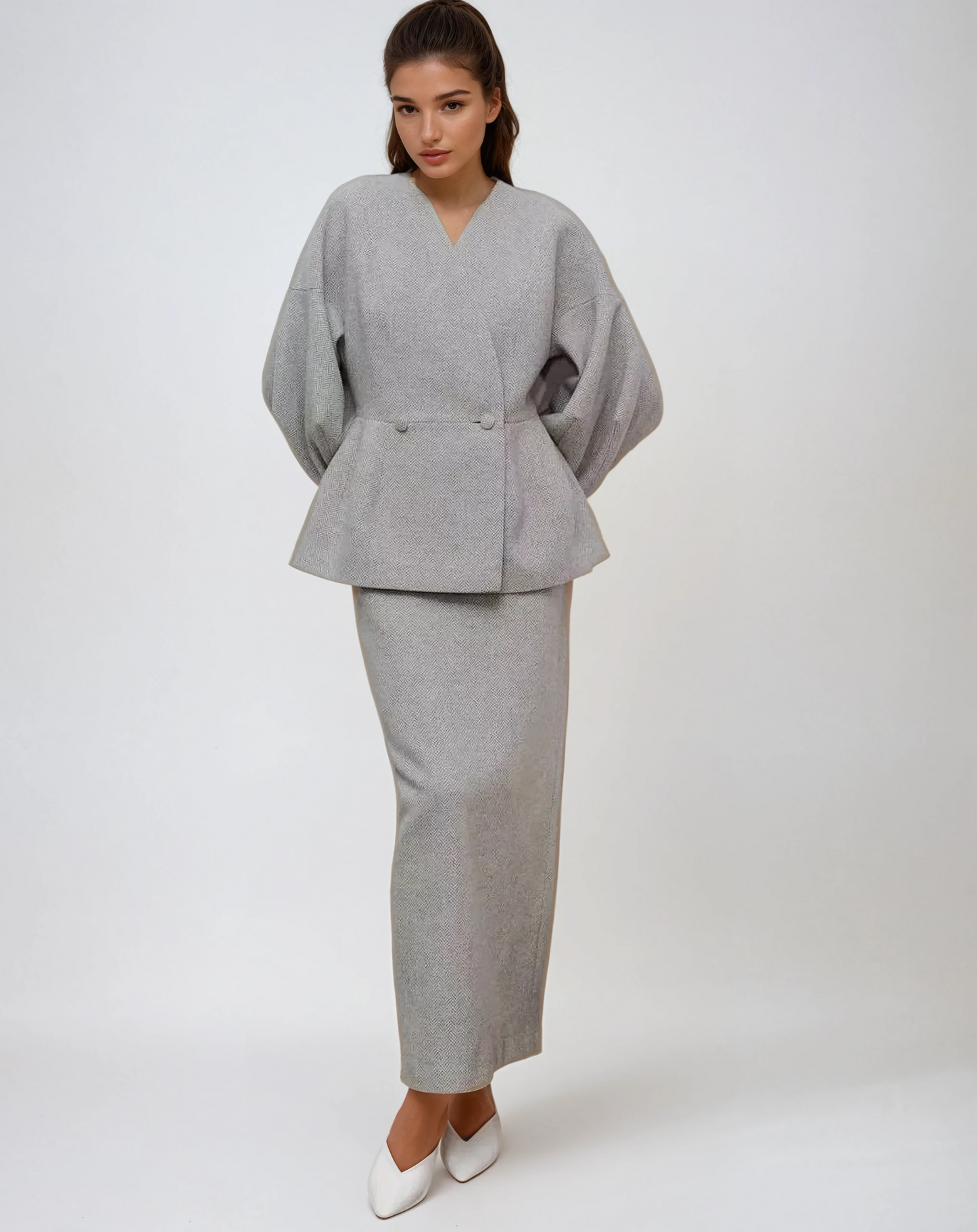 Two-Piece Set with Wrap Jacket and Maxi Skirt - Gray