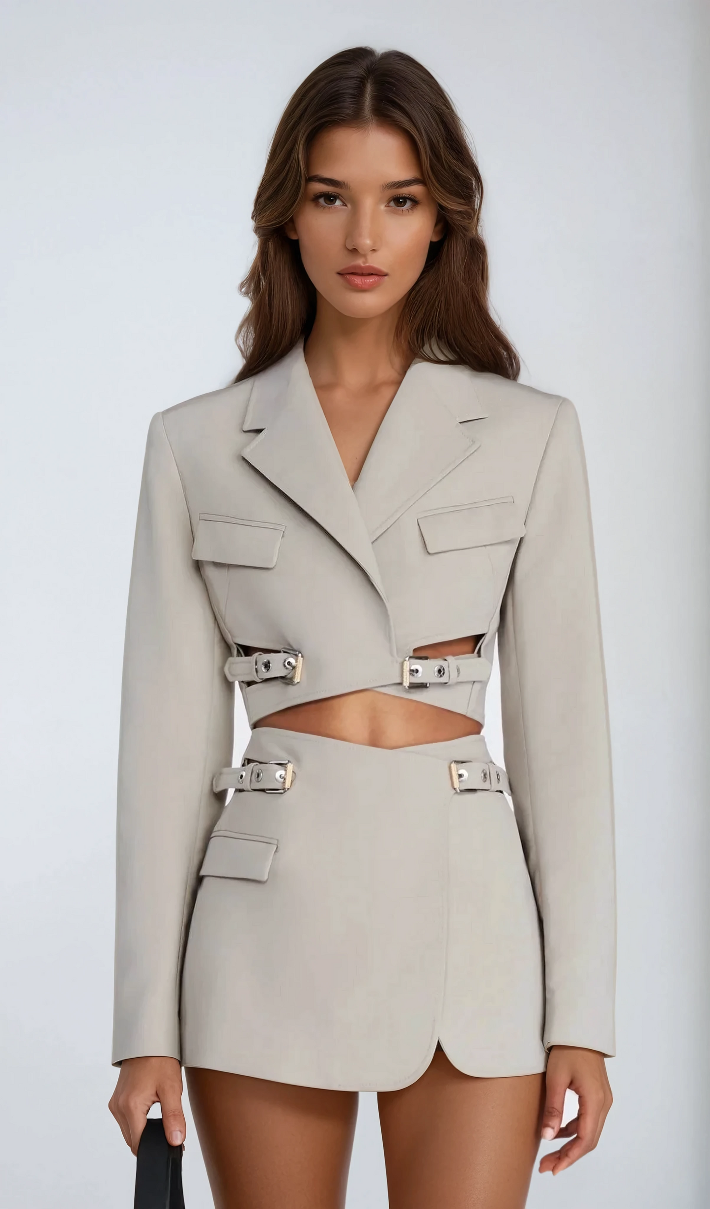 Two-Piece Set with Cropped Blazer and Buckled Mini Skirt - Gray