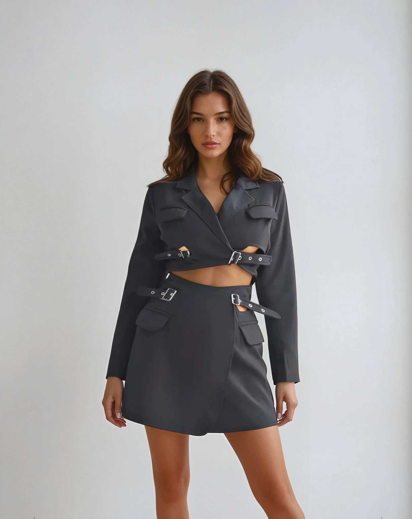 Two-Piece Set with Cropped Blazer and Buckled Mini Skirt - Black