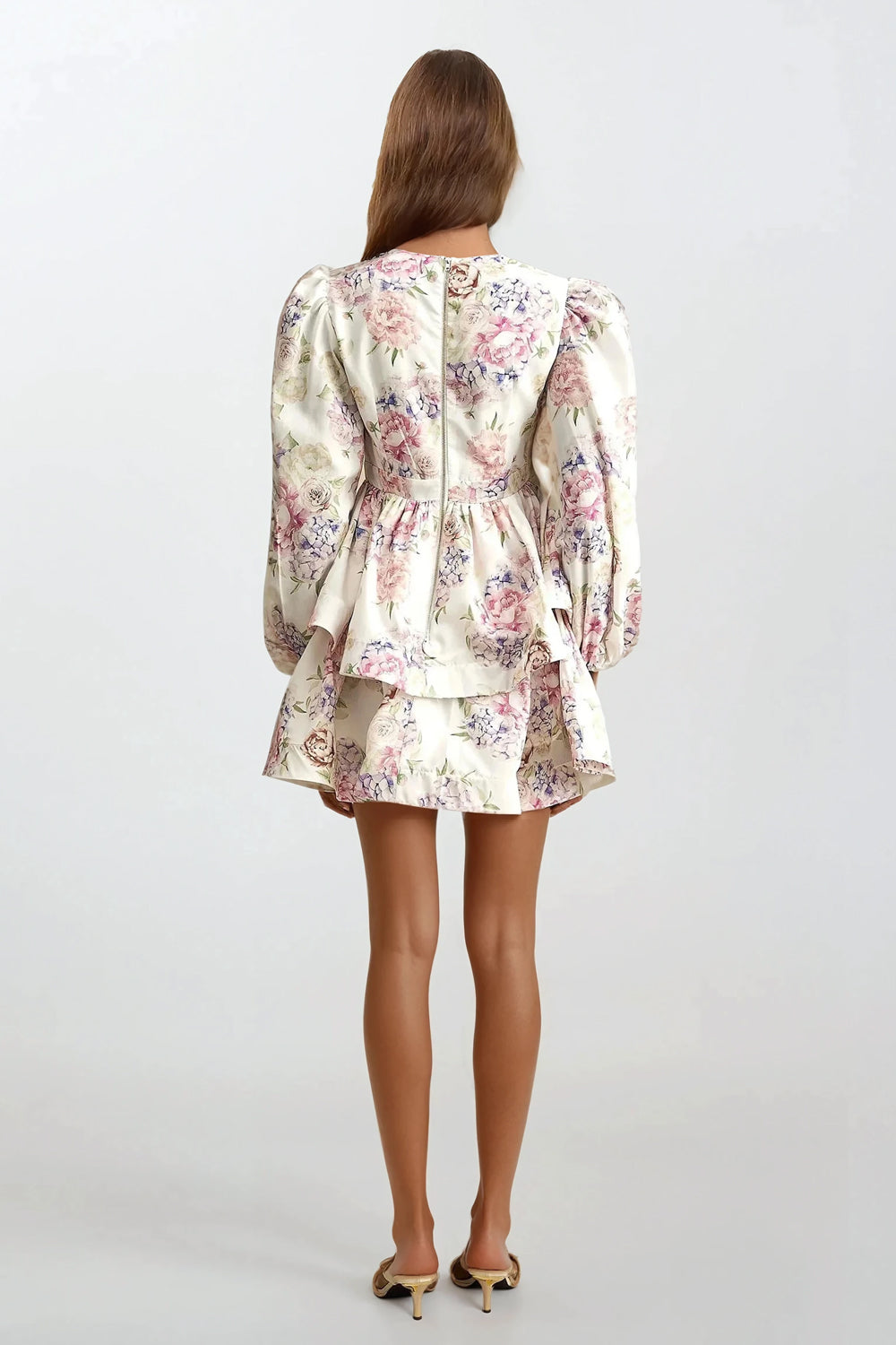 Mini Dress with Button Front and Puff Sleeves - Pink