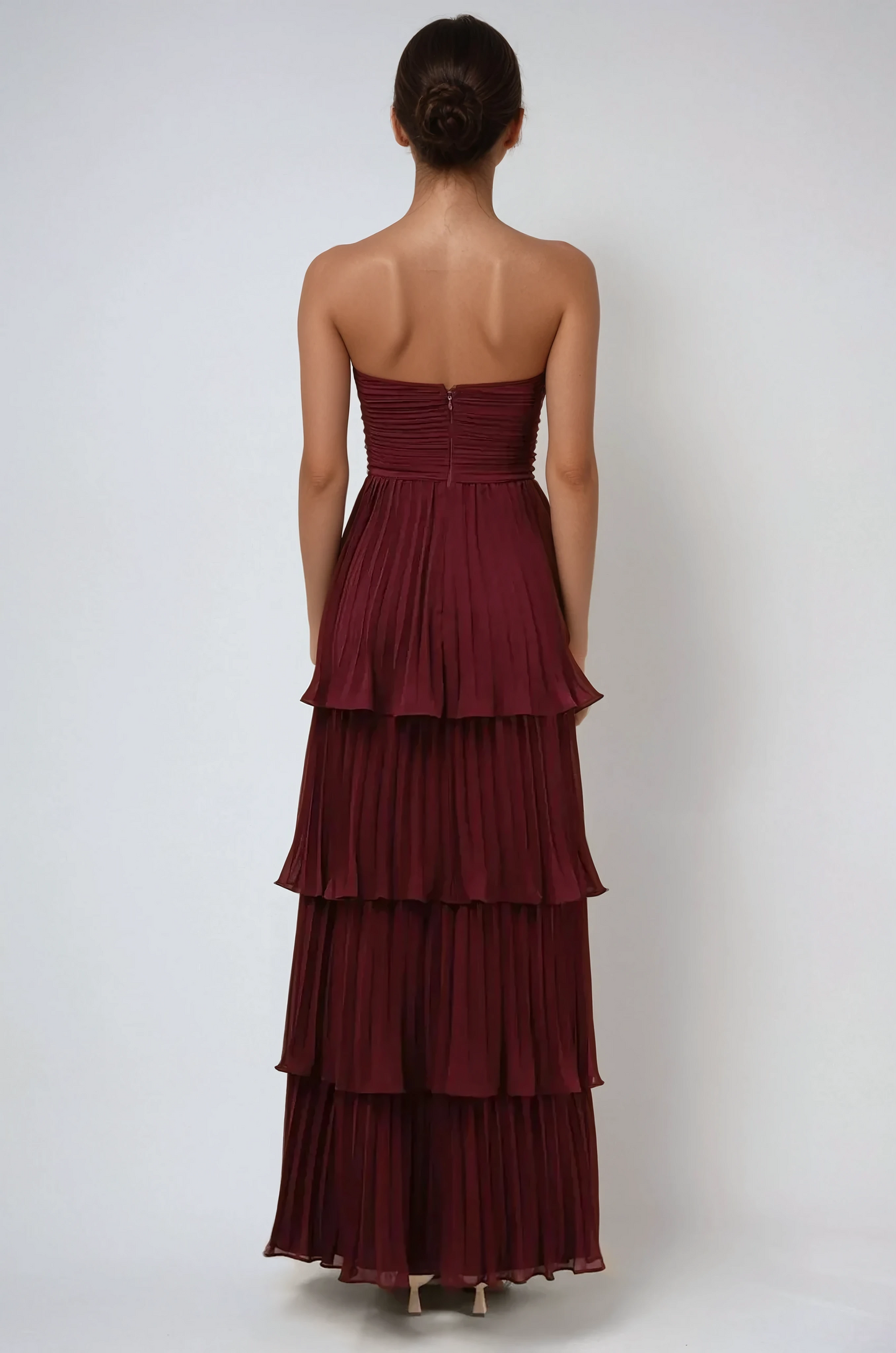 Strapless Pleated Layered Maxi Dress - Maroon