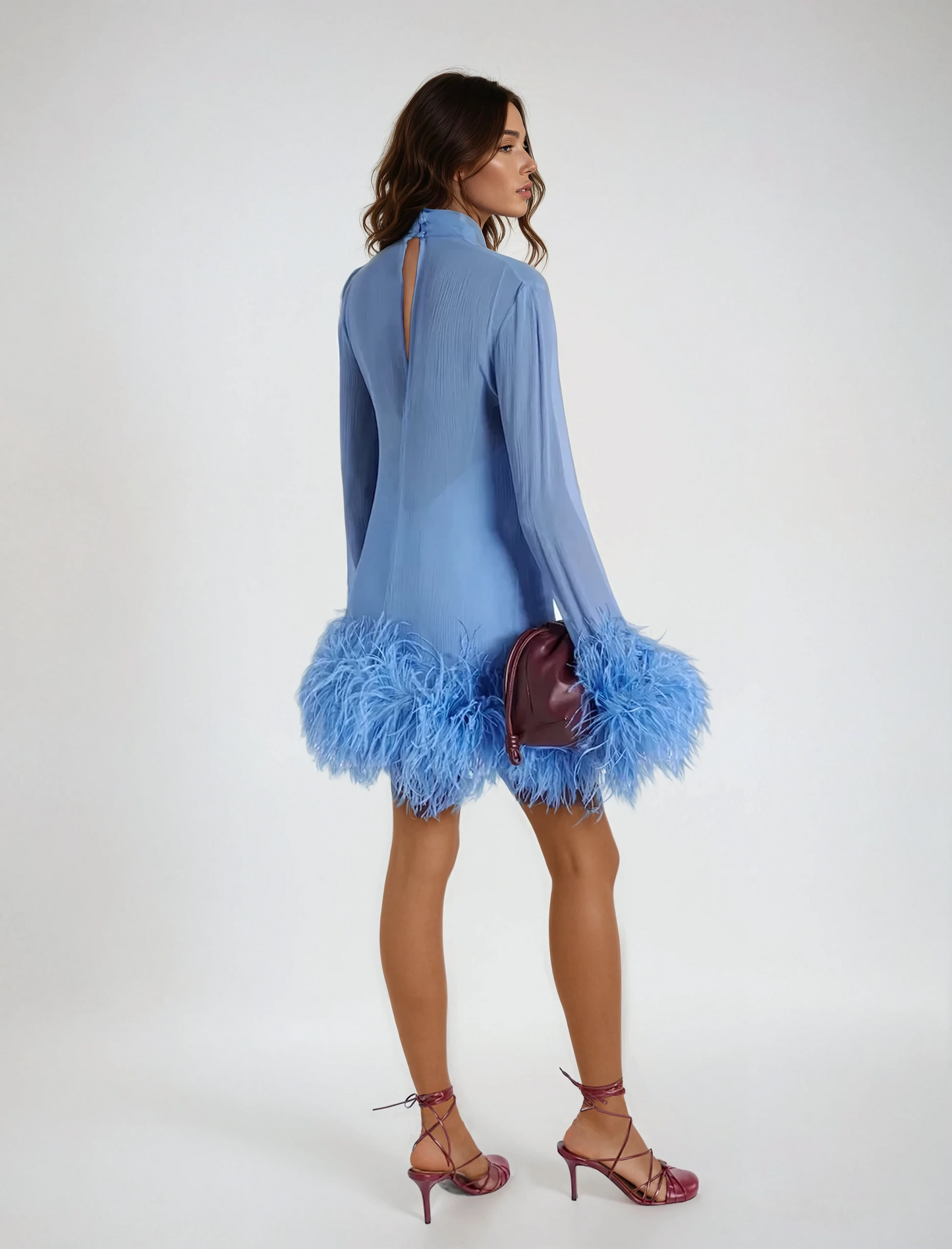 Mini Dress with Sheer Long Sleeves and Feather Trim - Blue