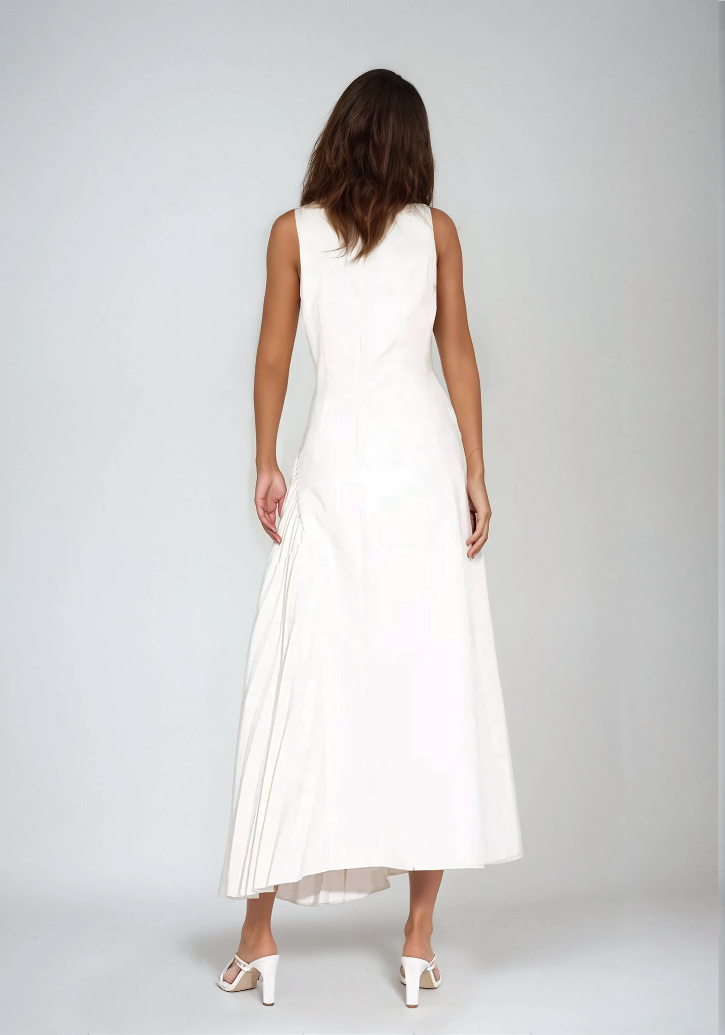 Halter Neck Pleated Panel Midi Dress - White