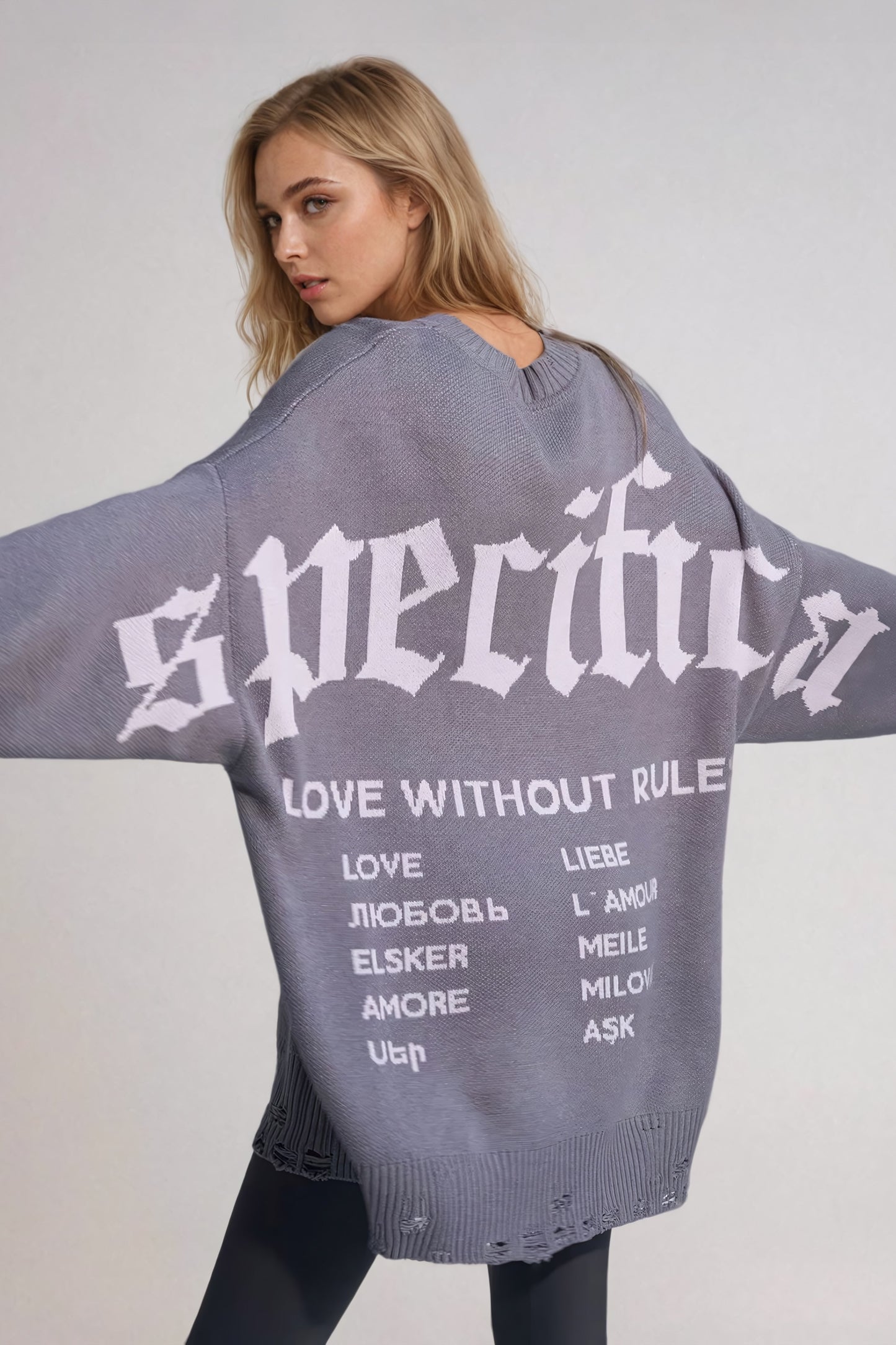 Oversized Distressed Sweater with Back Detail - Gray
