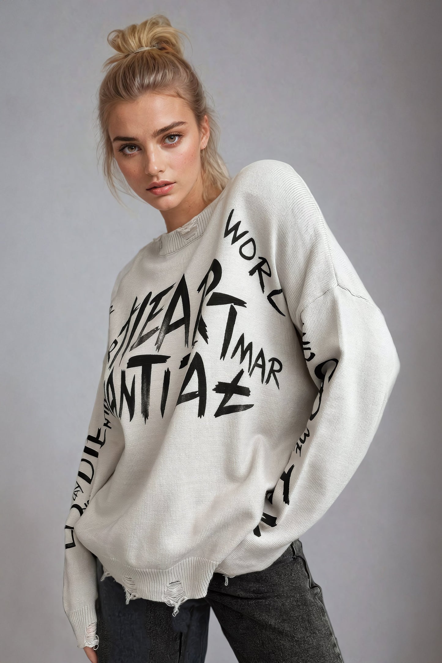 Graffiti Print Distressed Knitted Sweater - White