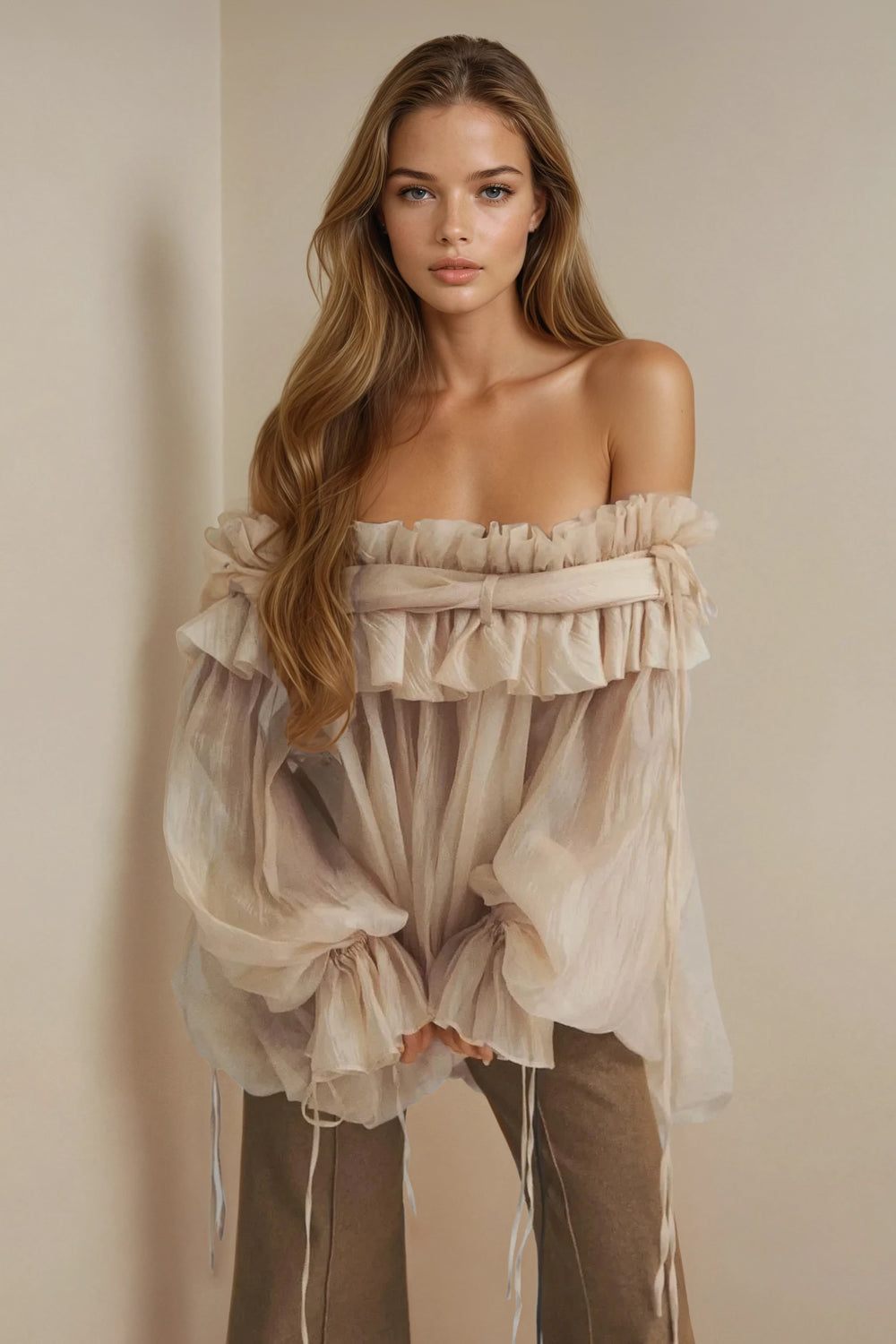 Off-Shoulder Ruffle Trim Top - Beige