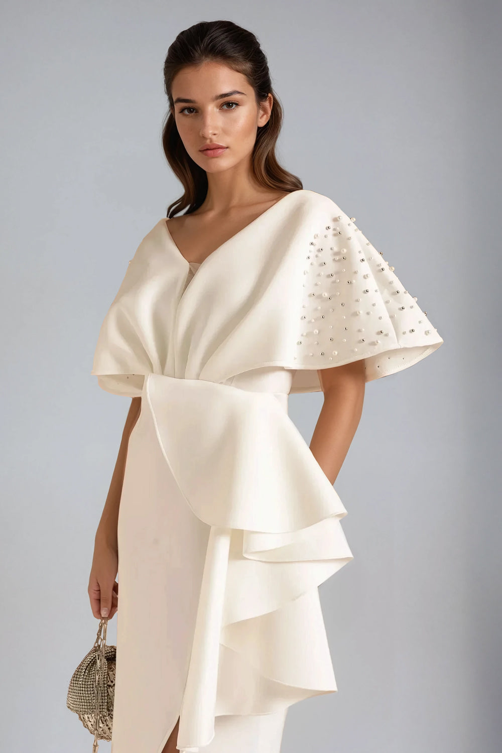Embellished Sleeve Midi Dress - White