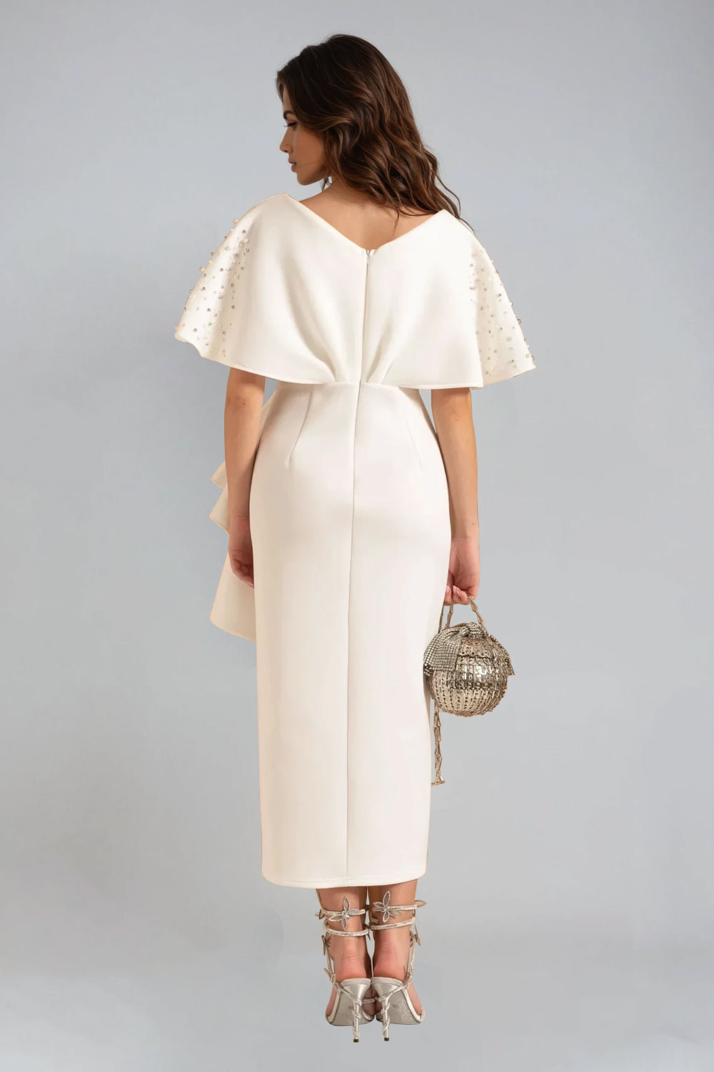 Embellished Sleeve Midi Dress - White