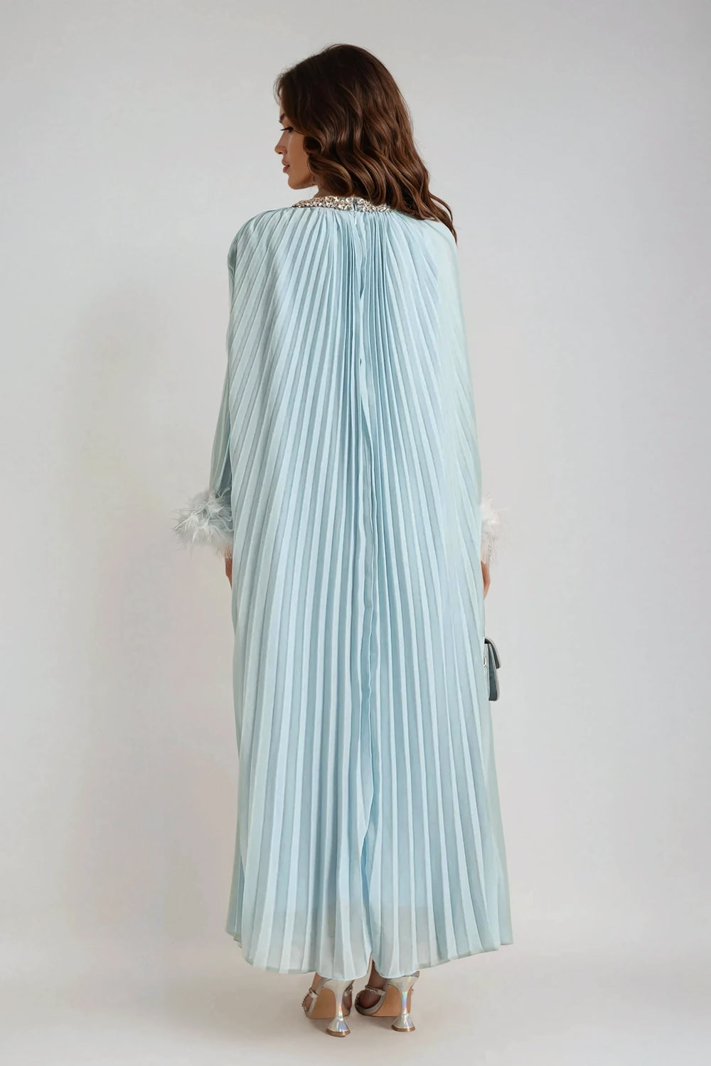 Feather Sleeve Details Maxi Dress - Blue