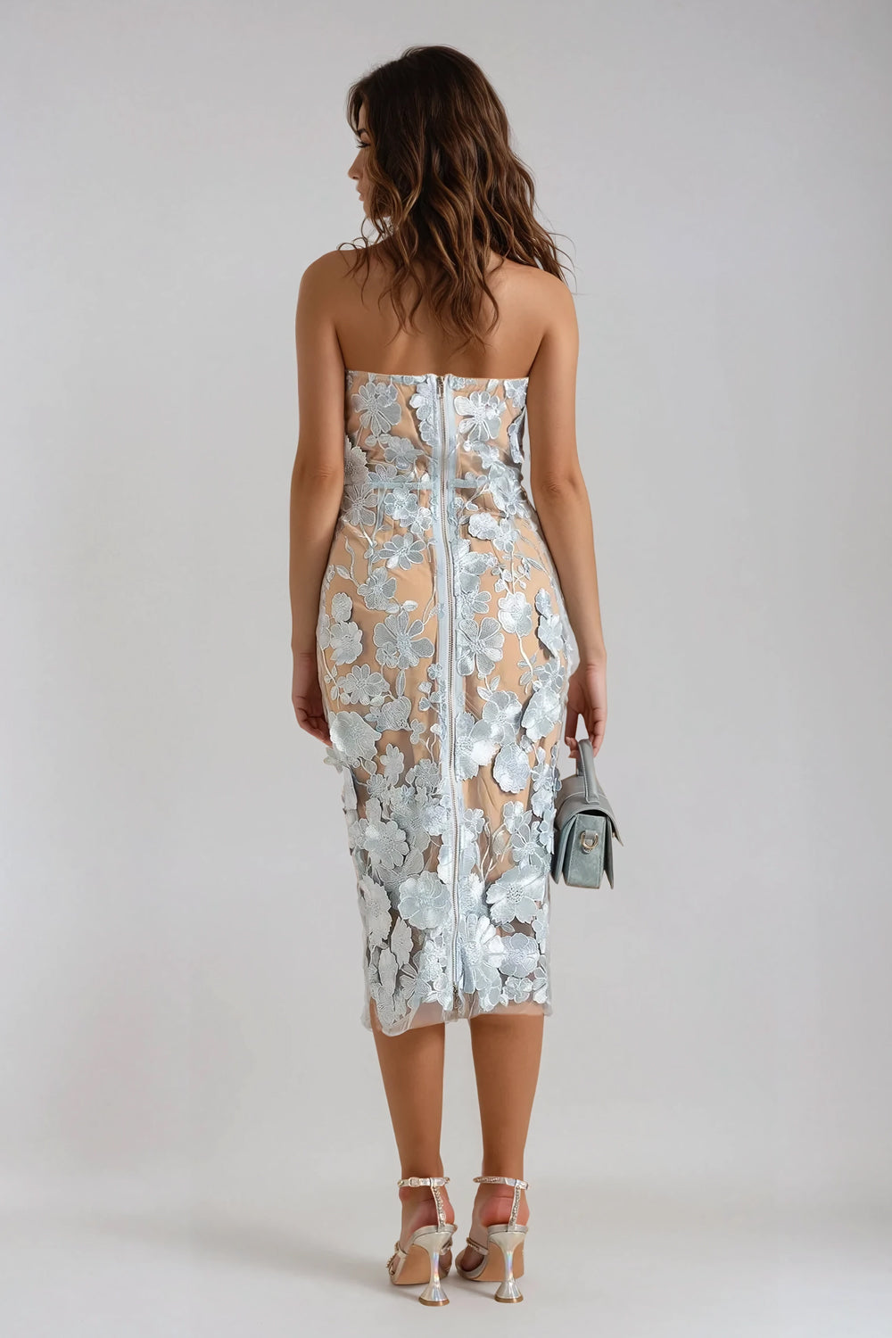 Strapless Floral Detail Midi Dress - Blue
