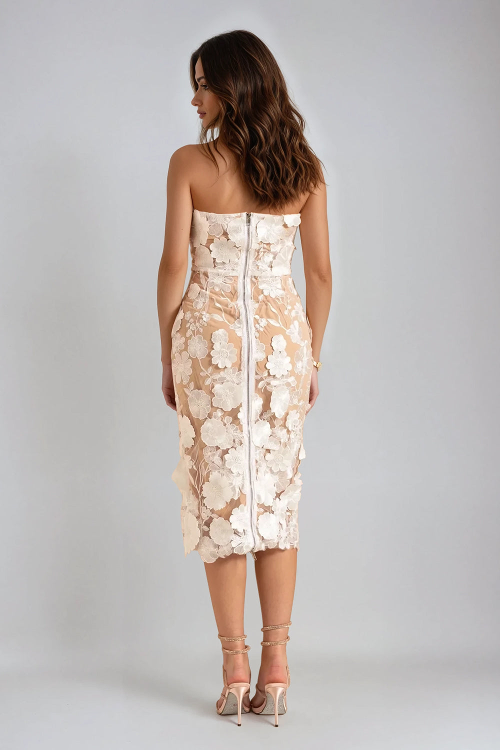 Strapless Floral Detail Midi Dress - White