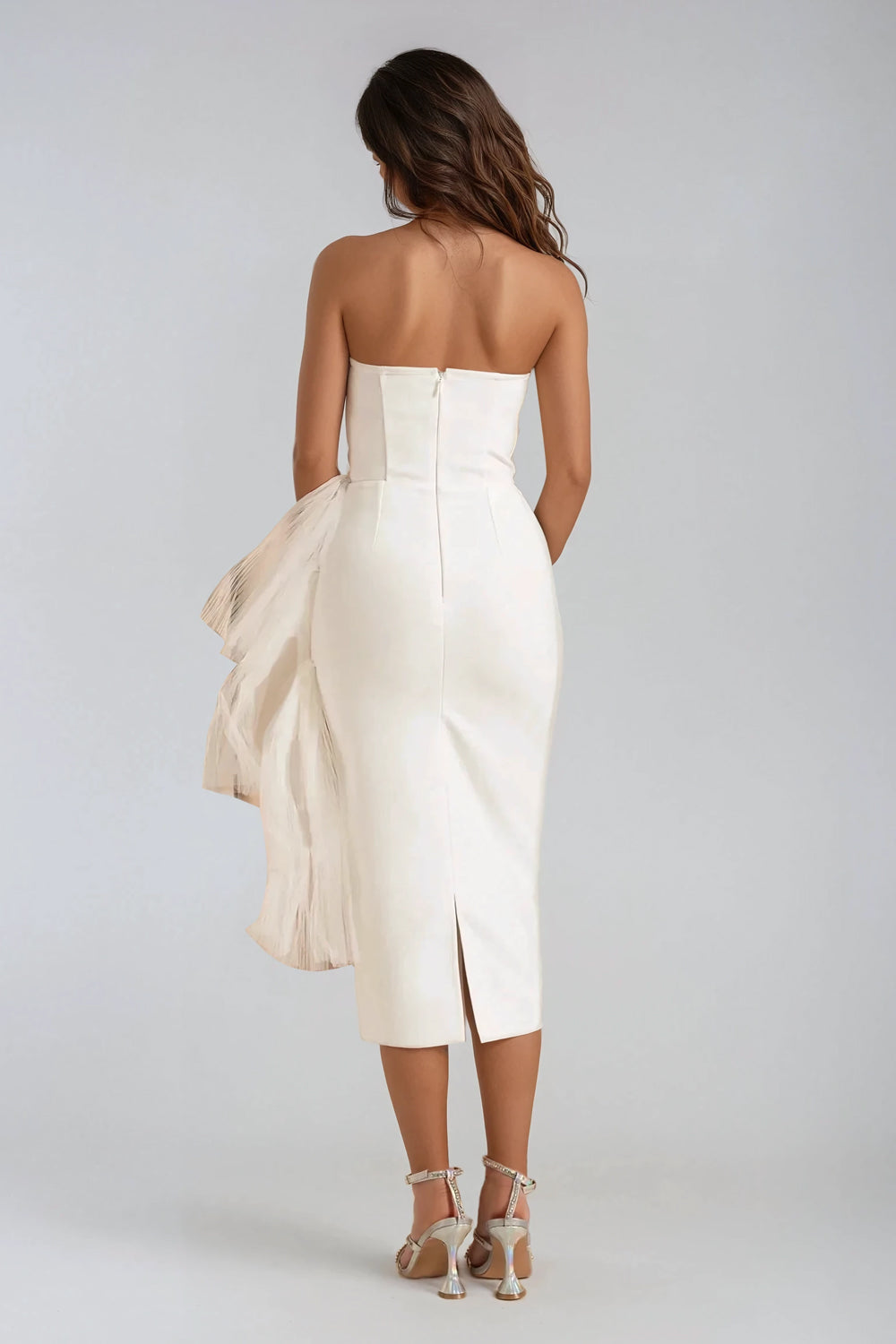 Strapless Midi Dress with Tiered Tulle Detail - White