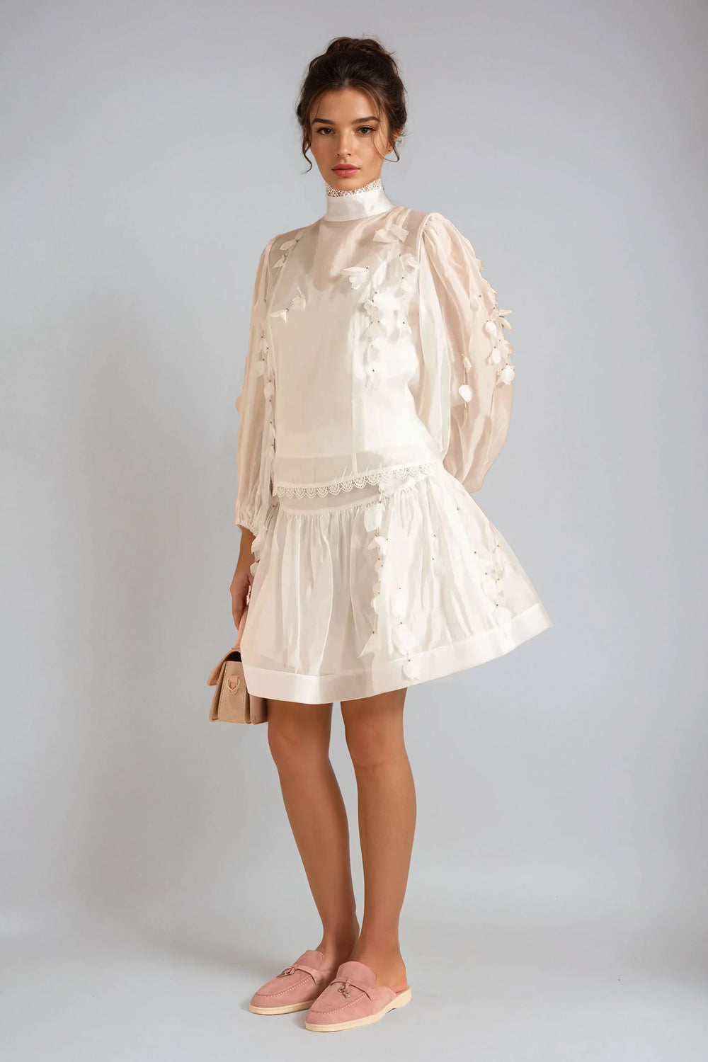 Two-Piece Set with Sheer Long-Sleeve Top and Shorts - White