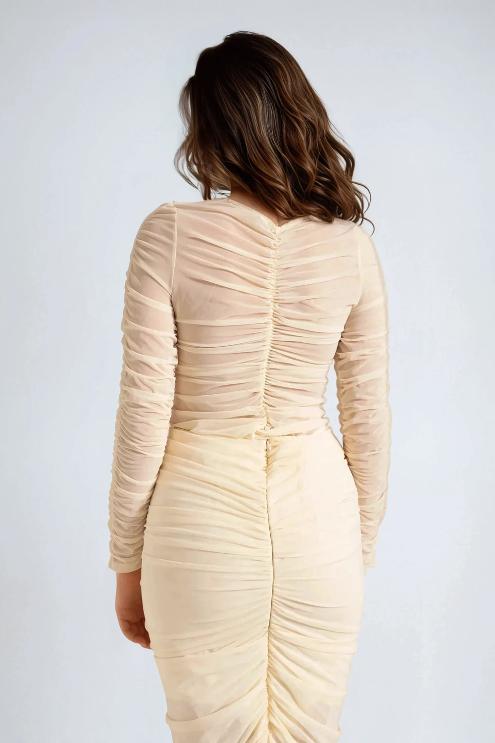 Two-Piece Set with Ruched Top and Midi Skirt - Beige