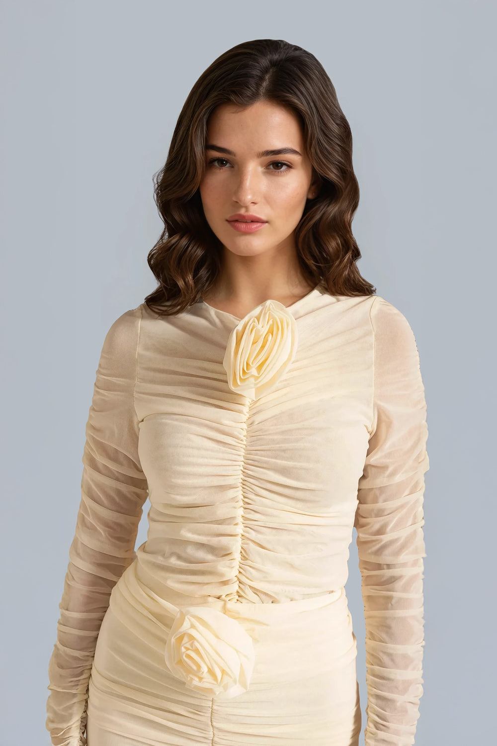 Two-Piece Set with Ruched Top and Midi Skirt - Beige