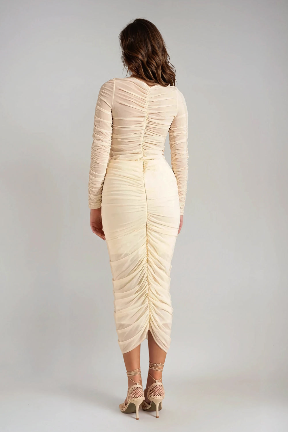 Two-Piece Set with Ruched Top and Midi Skirt - Beige