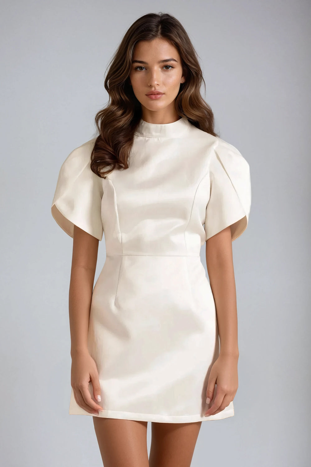 Mini Dress with Structured Sleeves and Open-Back Bow Detail - White