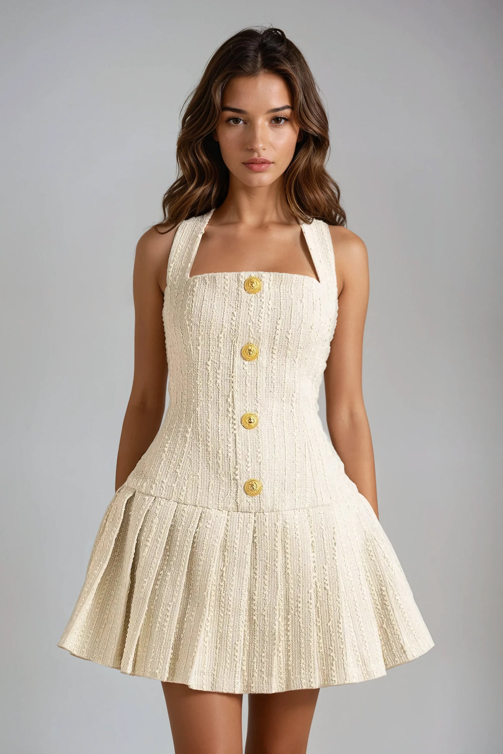 Halter Neck Pleated Mini Dress - Beige