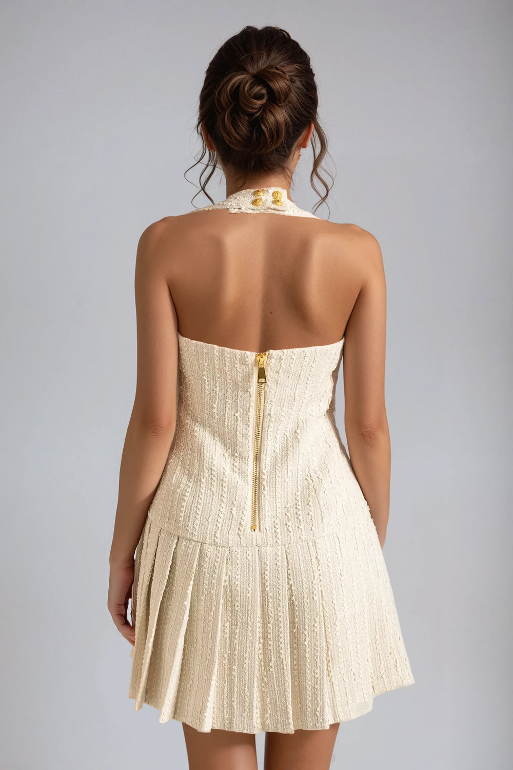 Halter Neck Pleated Mini Dress - Beige