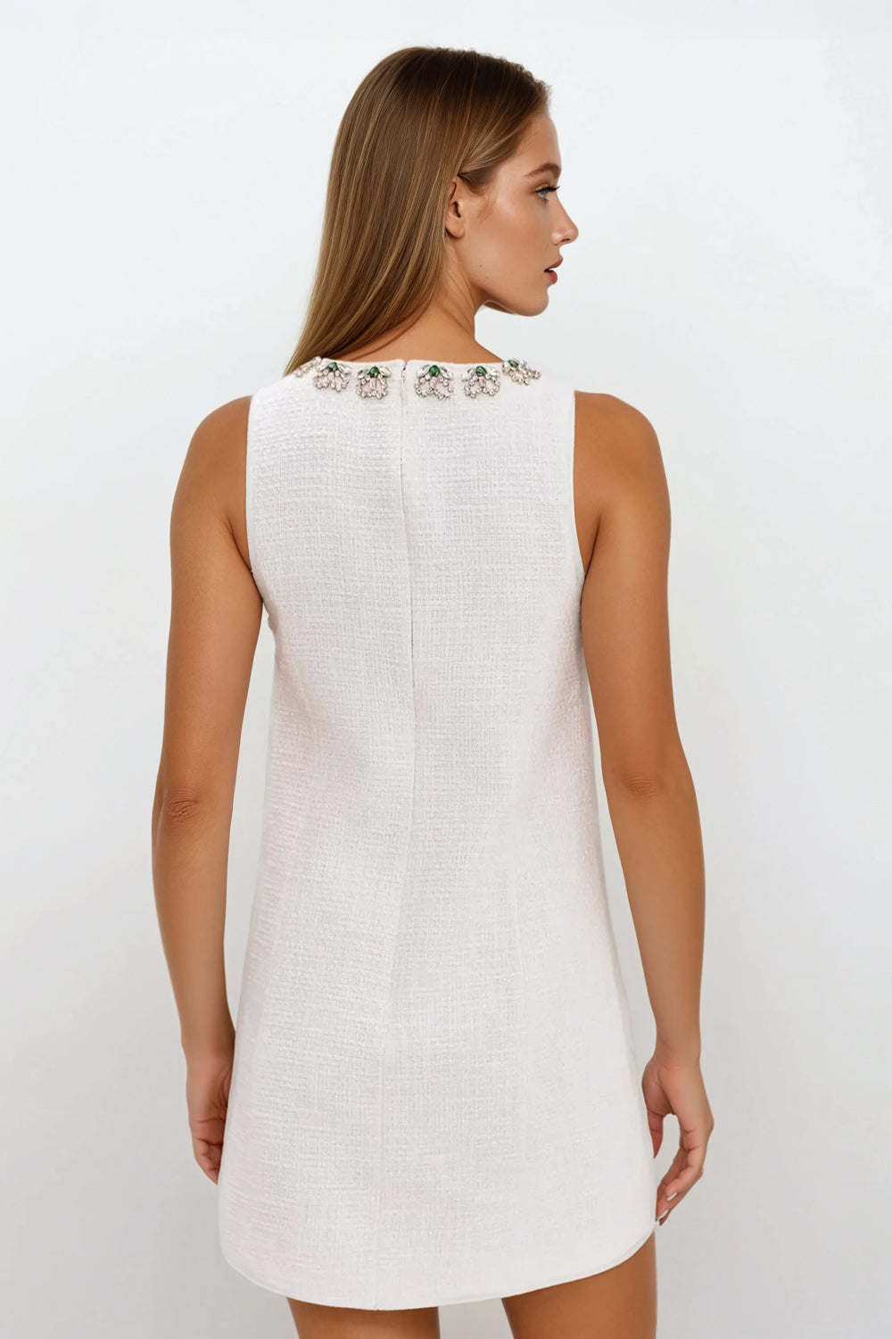 Sleeveless Mini Dress with Embellished Keyhole Detail - White