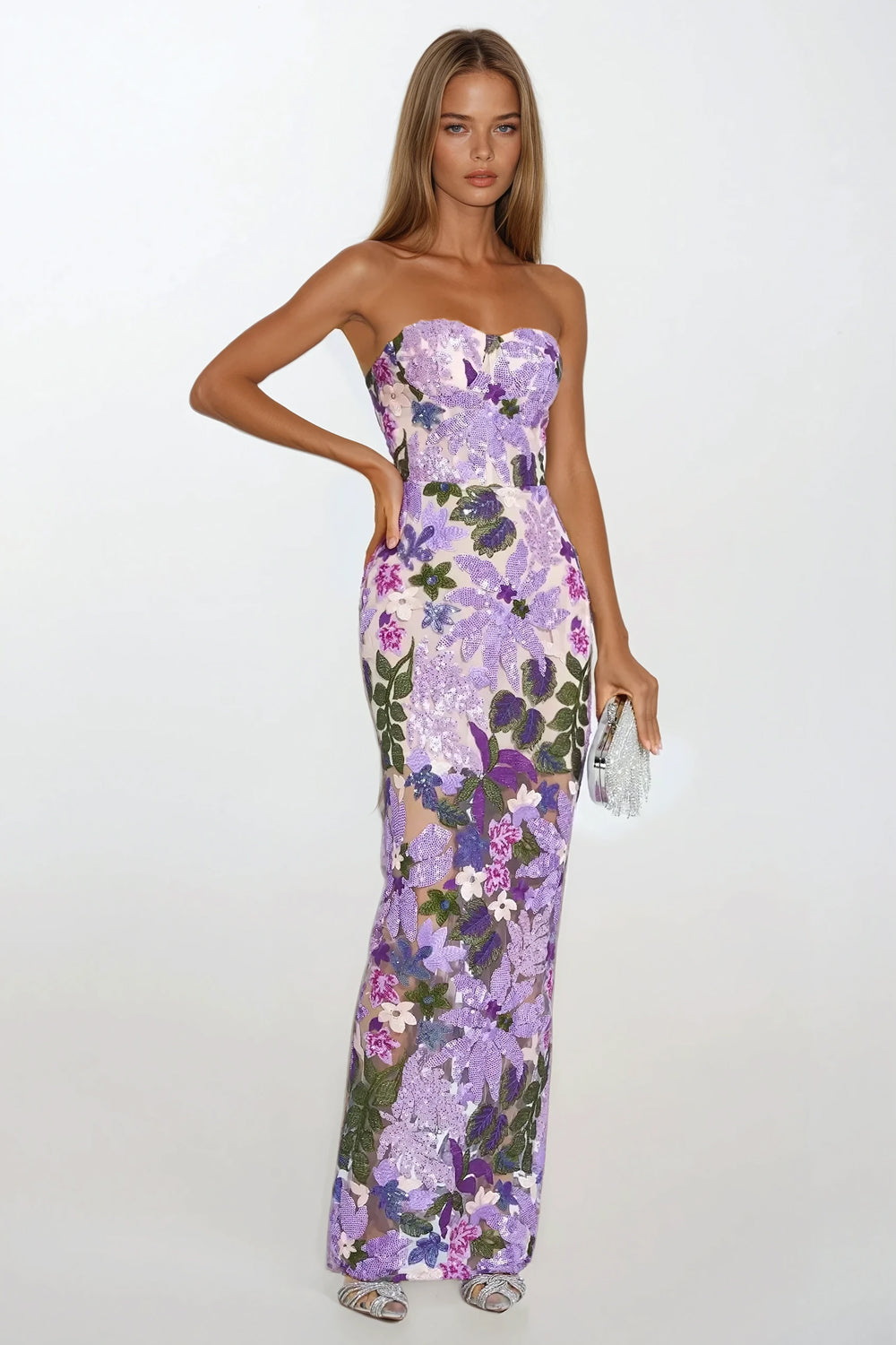 Strapless Maxi Dress with Floral Detailing - Purple