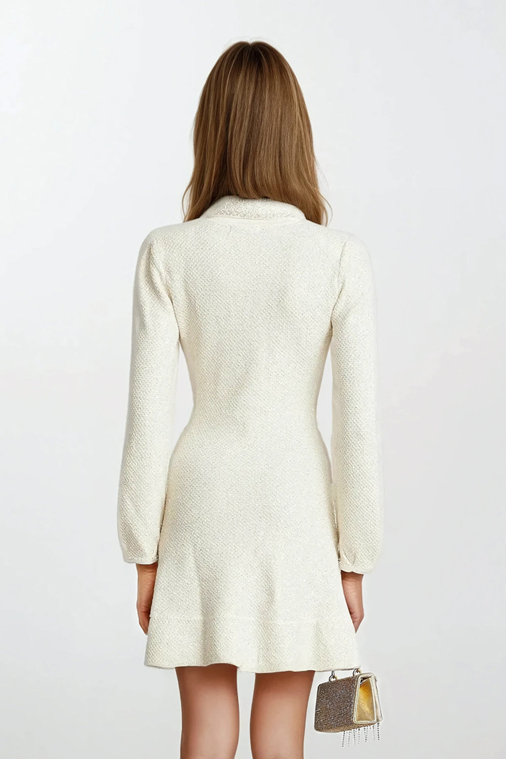 Collared Longsleeve Pearl Mini Dress - White