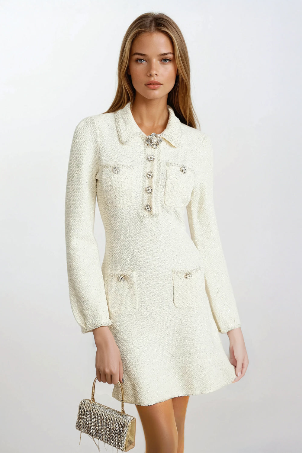 Collared Longsleeve Pearl Mini Dress - White