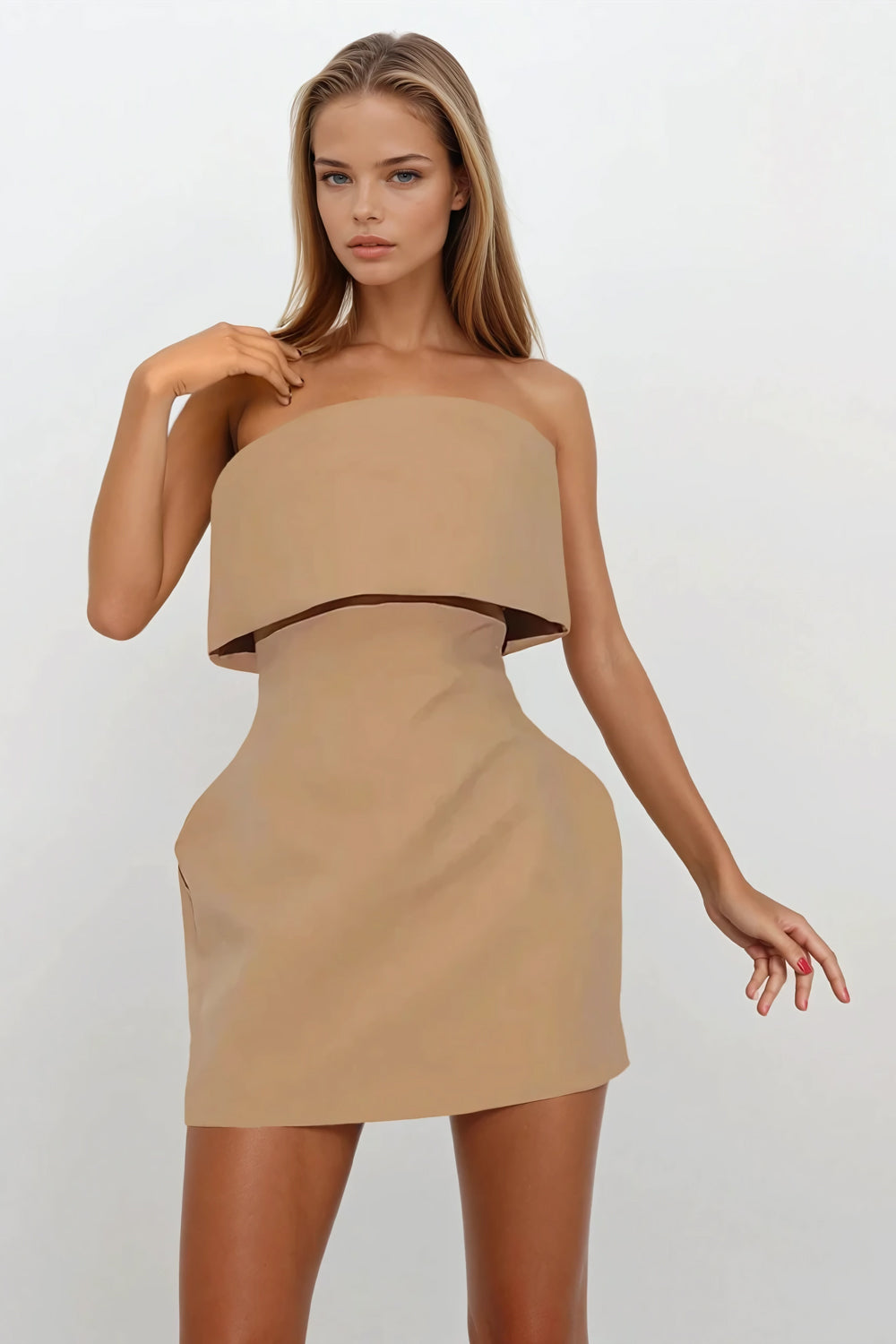 Strapless Layered Mini Dress - Brown