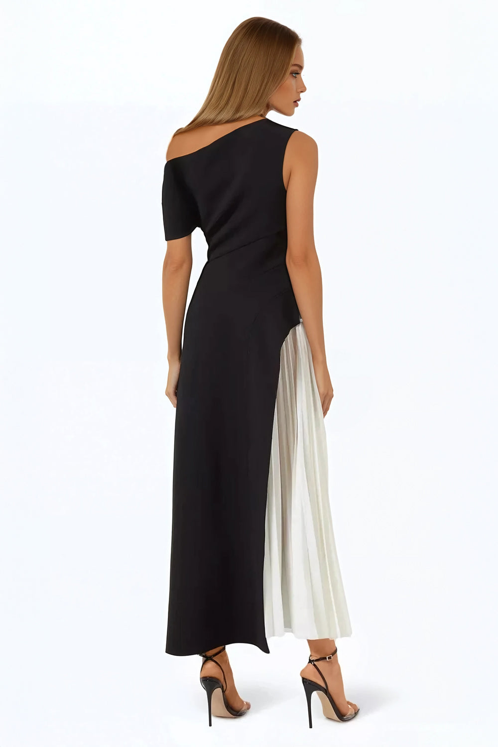 Asymmetrical Maxi Dress with Draped Panel - Black