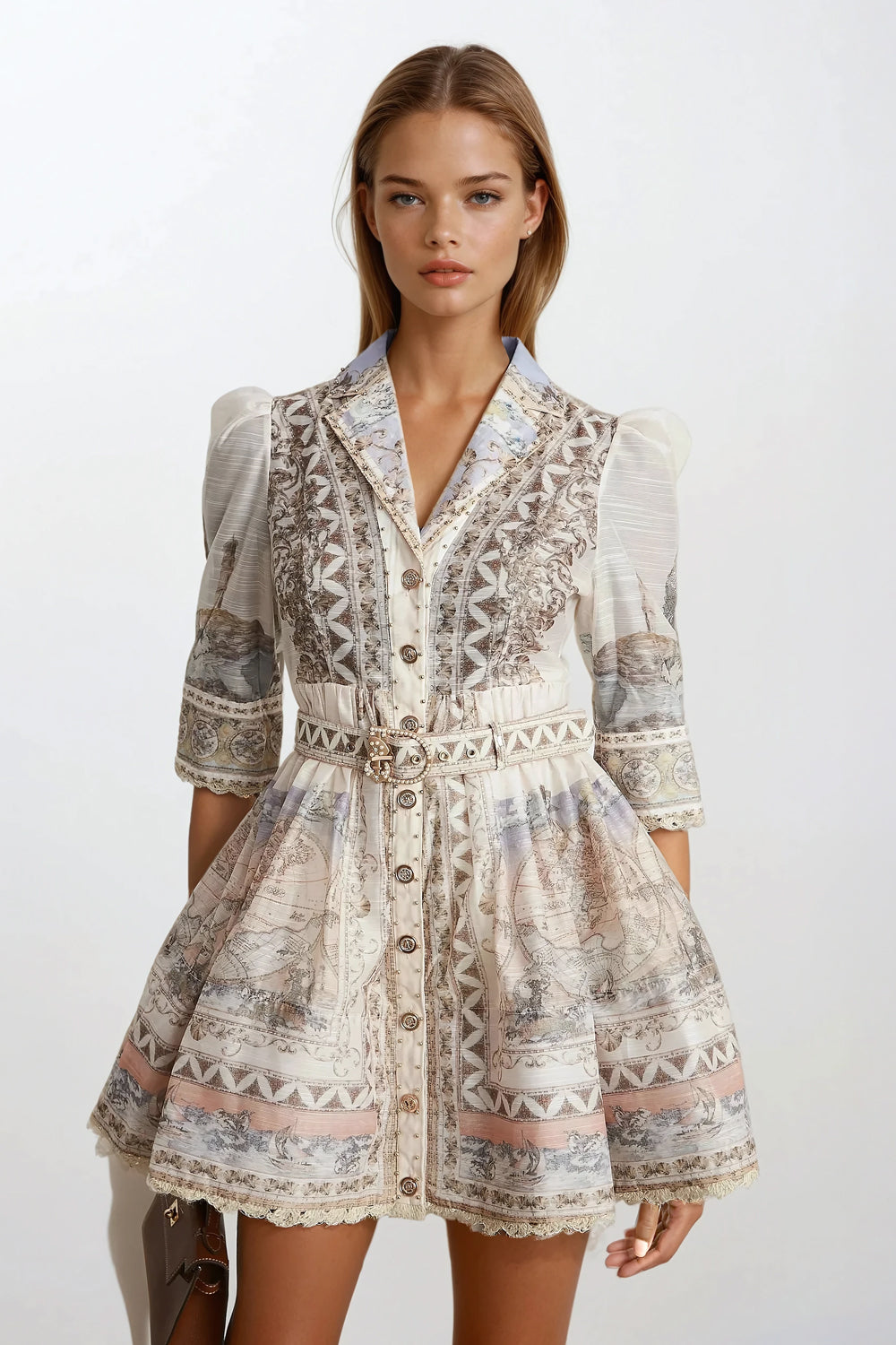 Mini Dress with Button Front and Belt - White