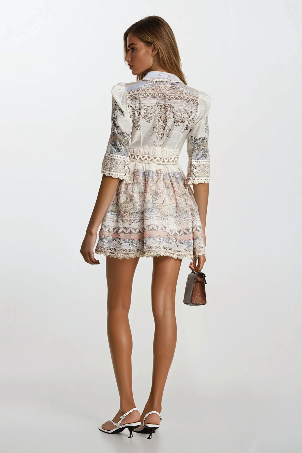 Mini Dress with Button Front and Belt - White
