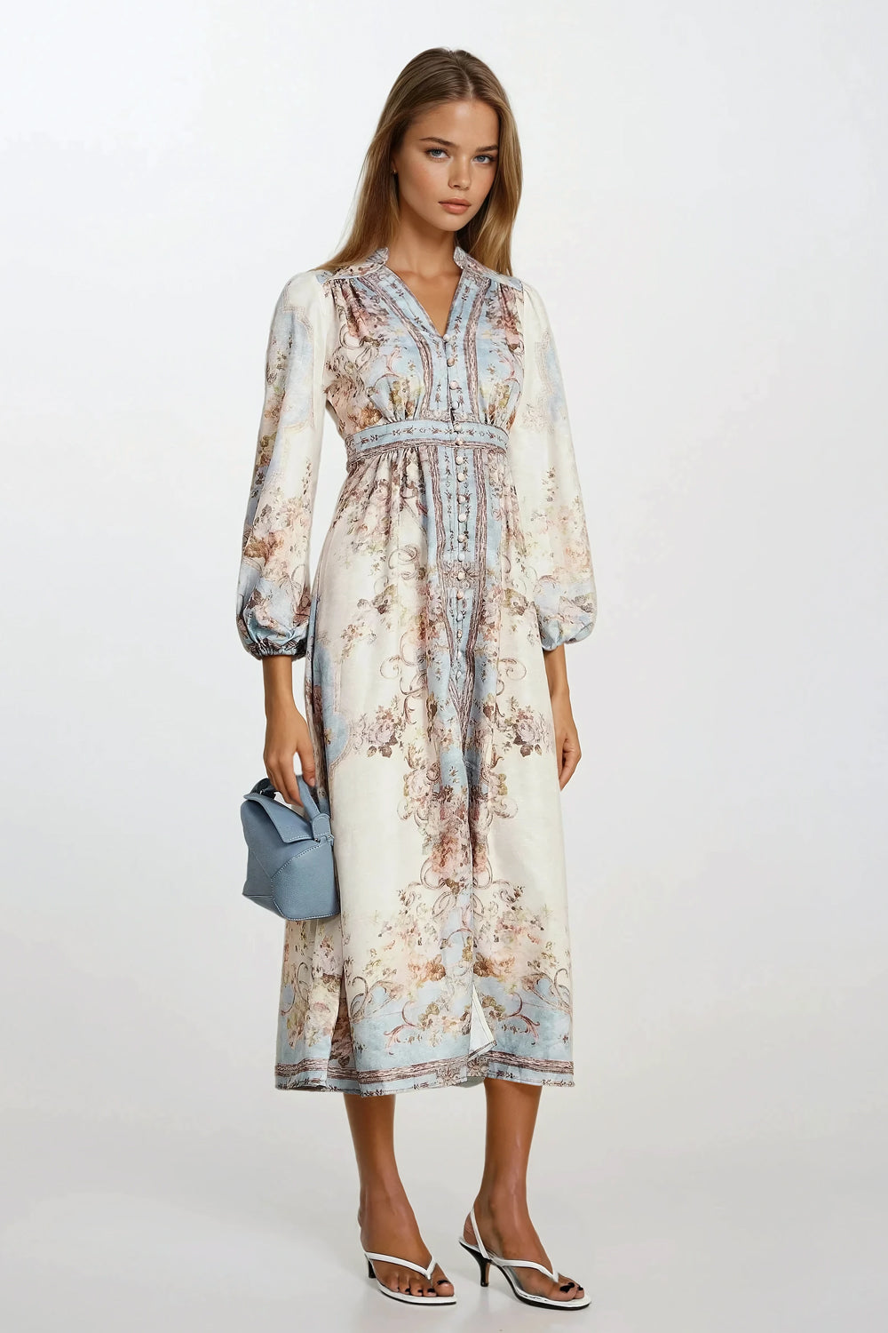 Midi Dress with Belted Waist and Half Sleeves - Light Blue