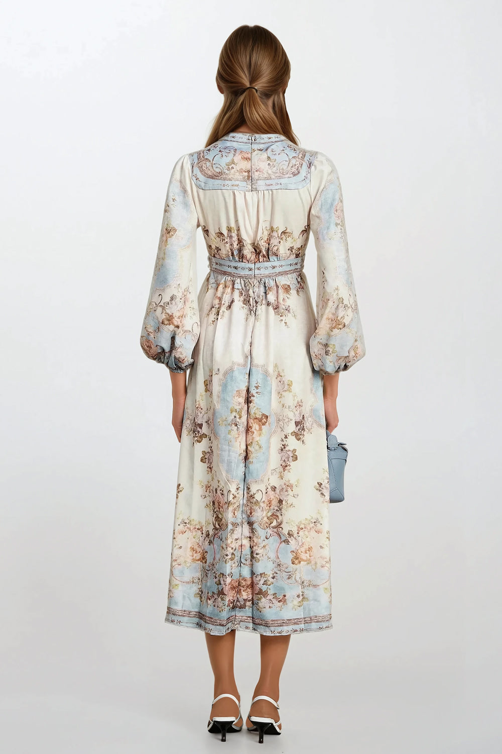 Midi Dress with Belted Waist and Half Sleeves - Light Blue