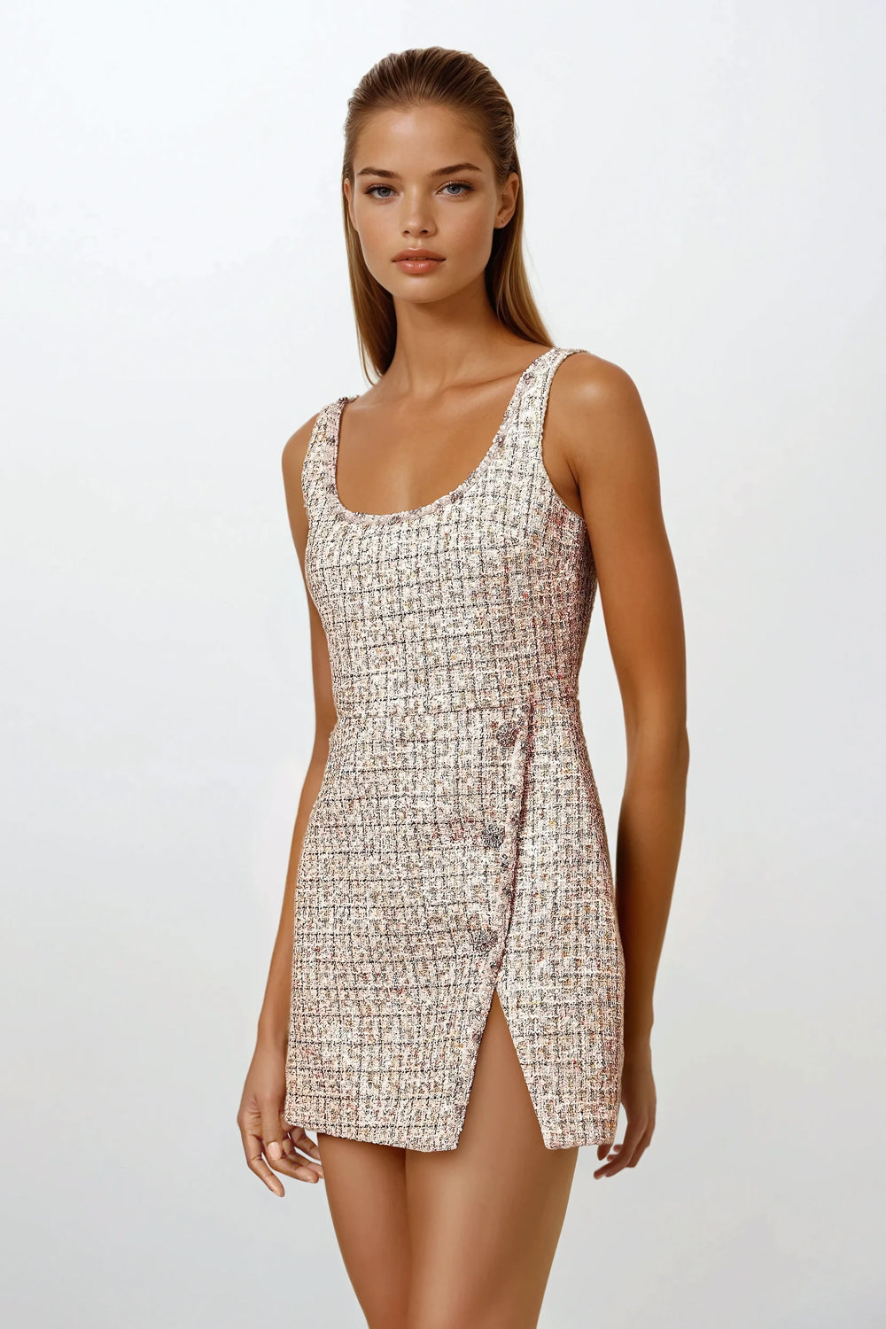 Sleeveless Scoop Neck Mini Dress with Side Slit - Beige