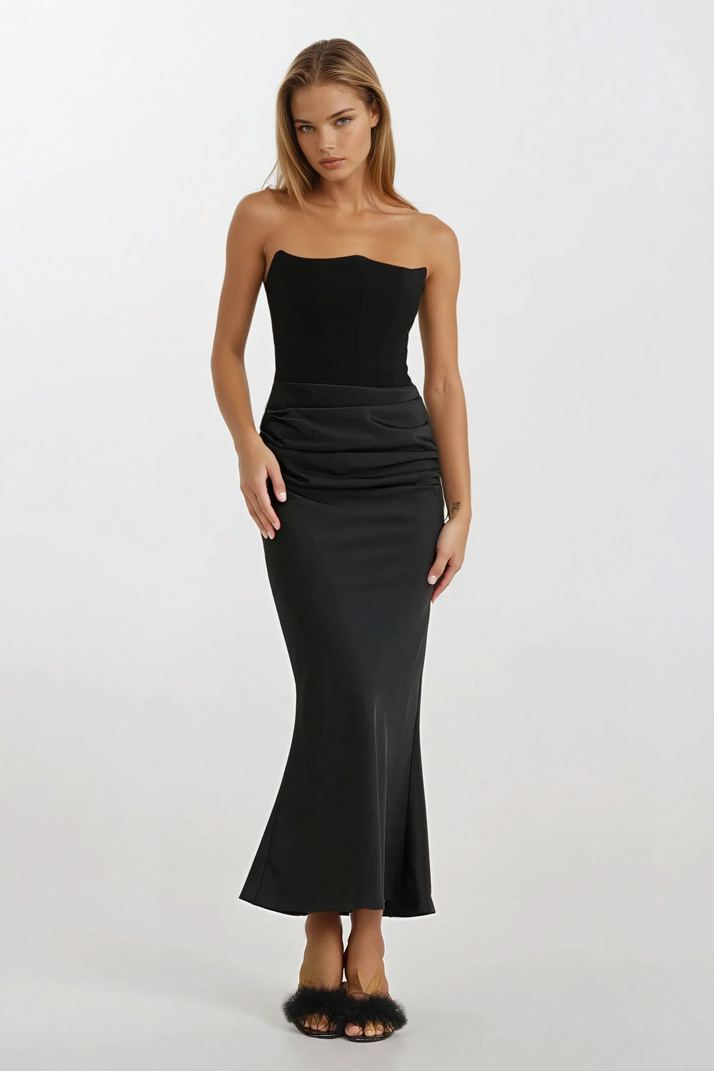 Strapless Draped Detail Maxi Dress - Black