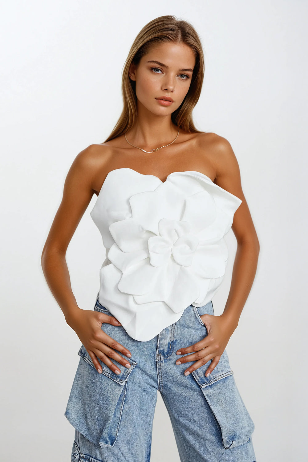 Strapless Top with Oversized 3D Floral Design - White