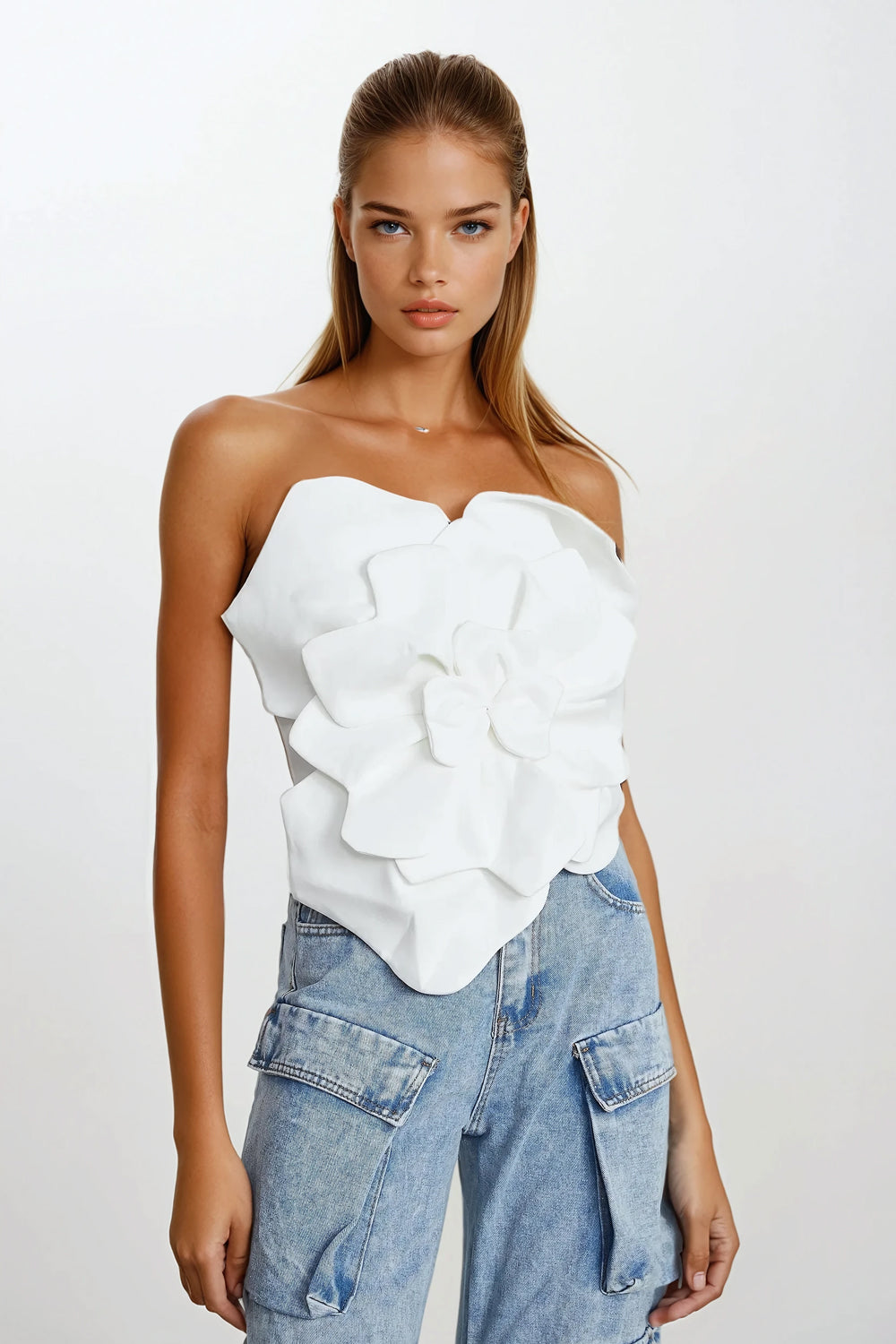 Strapless Top with Oversized 3D Floral Design - White