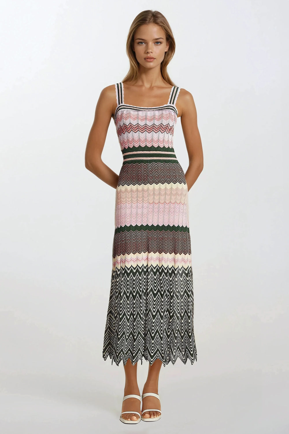 Knitted Striped Sleeveless Midi Dress - Pink