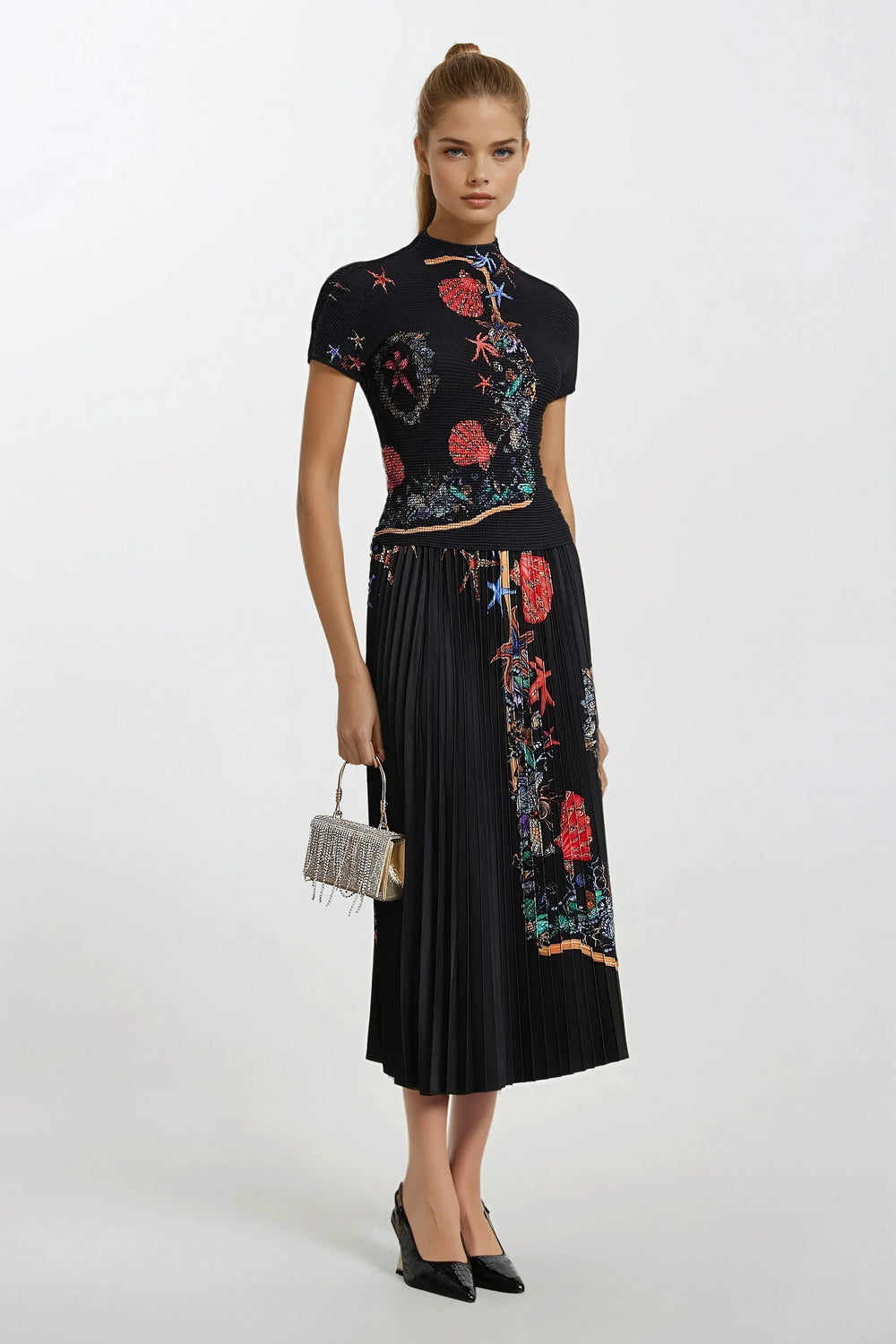 Two-Piece Set with Printed Top and Pleated Midi Skirt - Black