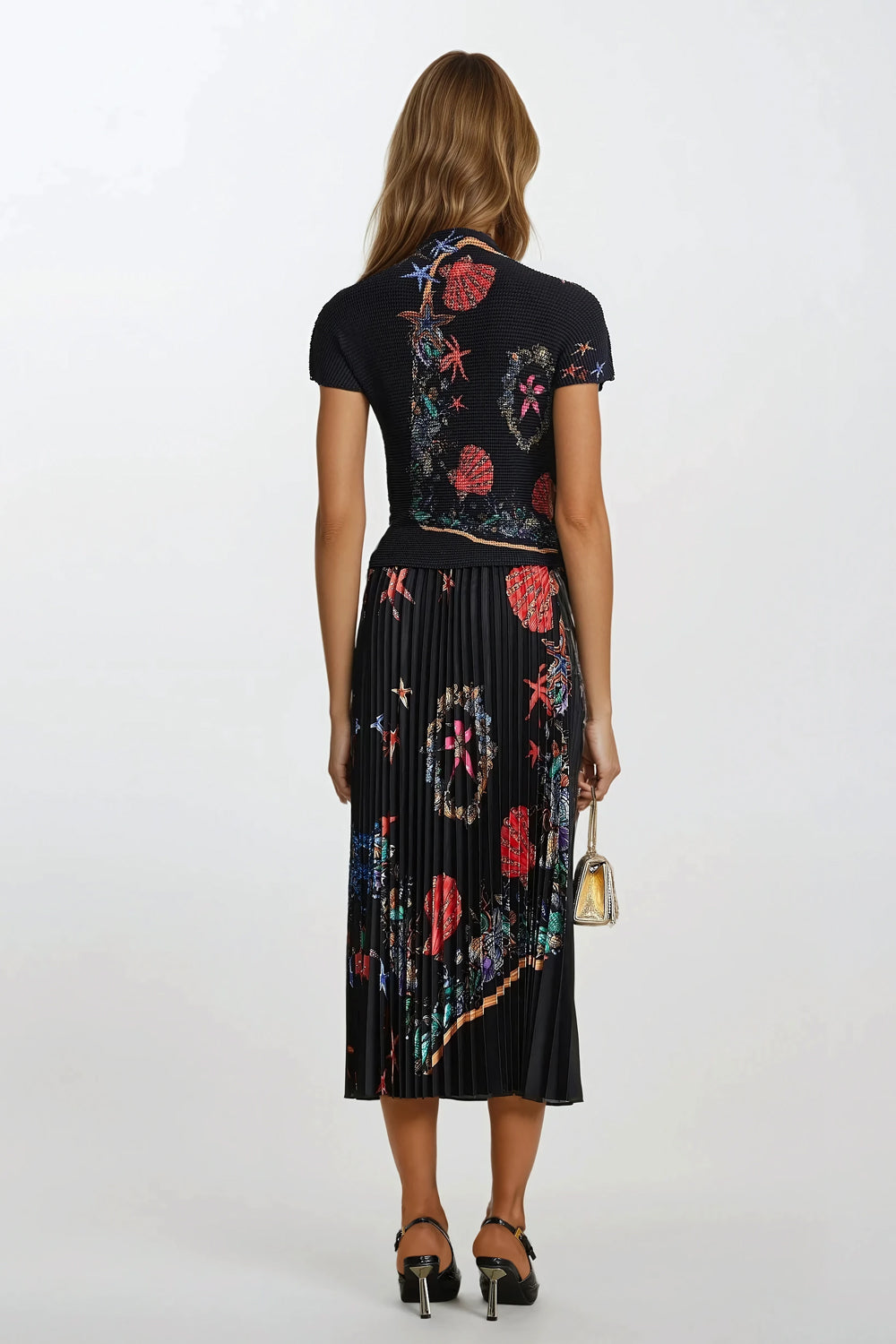 Two-Piece Set with Printed Top and Pleated Midi Skirt - Black