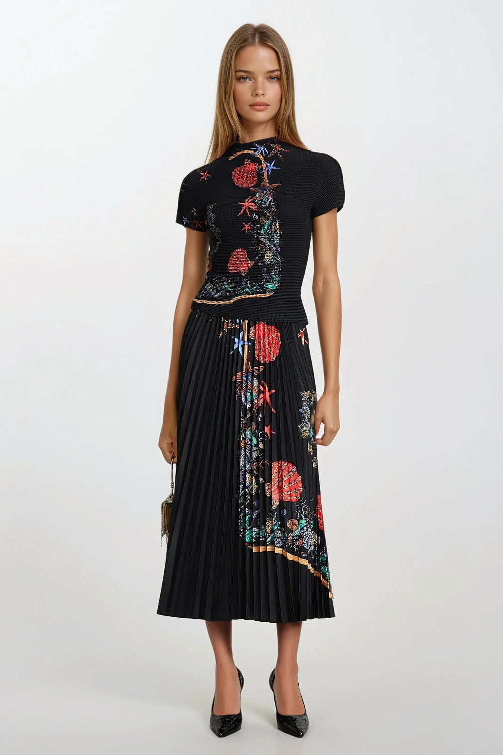 Two-Piece Set with Printed Top and Pleated Midi Skirt - Black