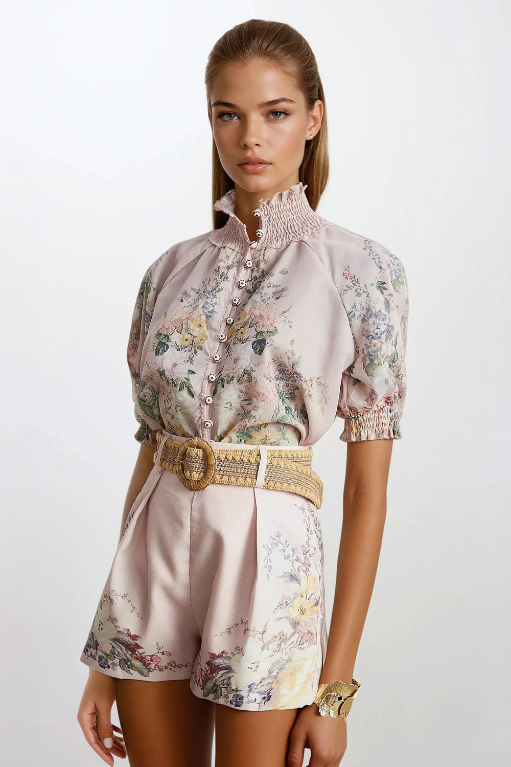 Two-Piece Set with High-Neck Top and Pleated Shorts - Pink