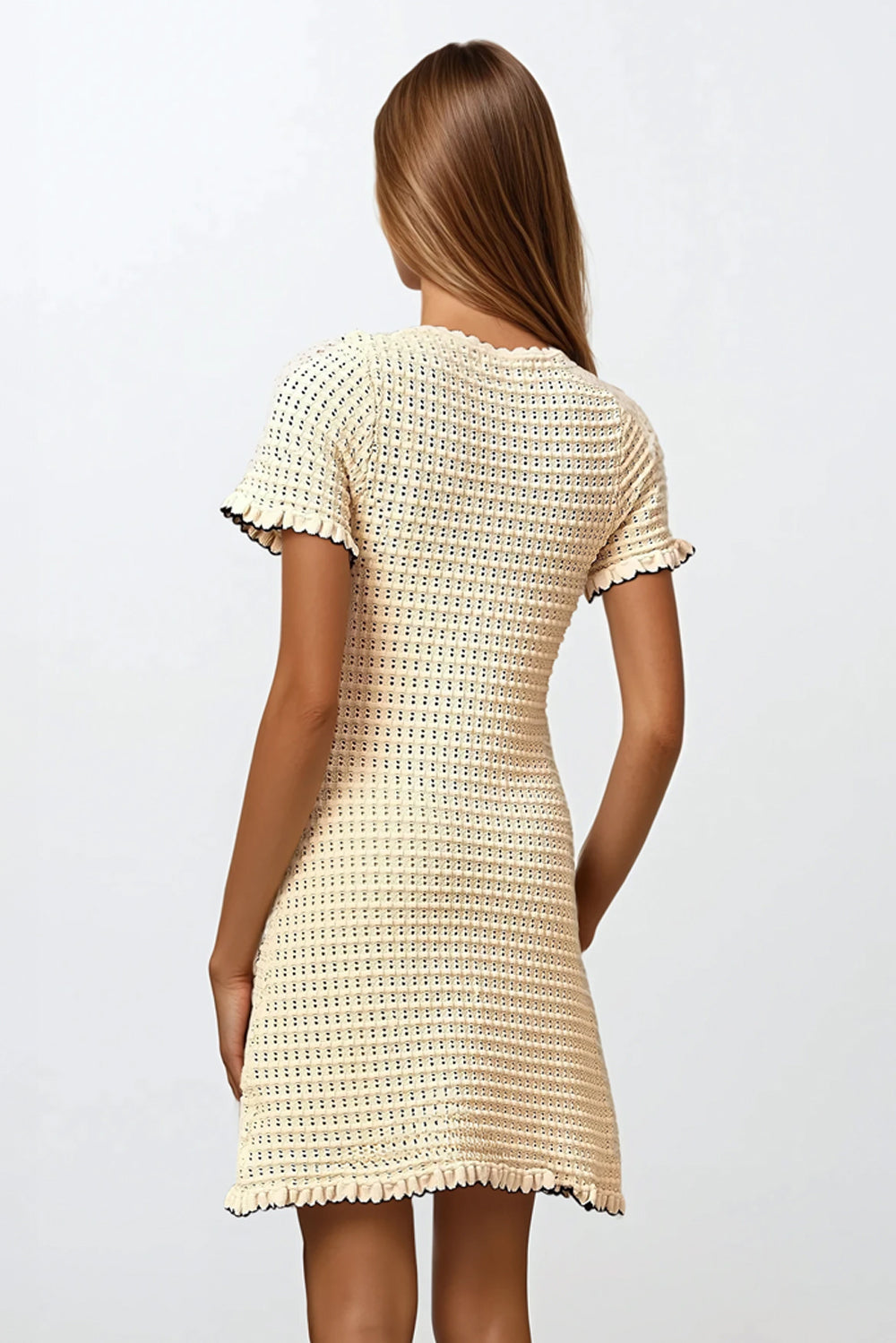 Short Sleeve A-Line Knitted Mini Dress - Beige