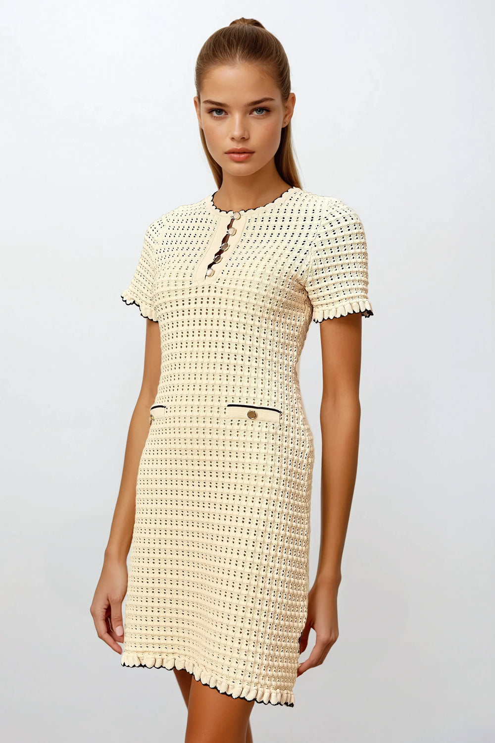 Short Sleeve A-Line Knitted Mini Dress - Beige