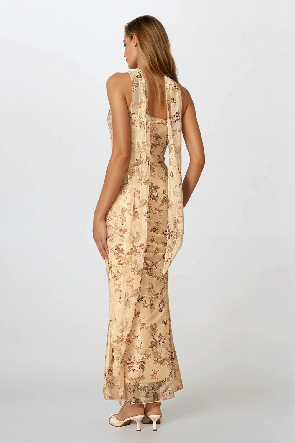 Two-Piece Set with Draped Tube Top and Ruched Maxi Skirt - White