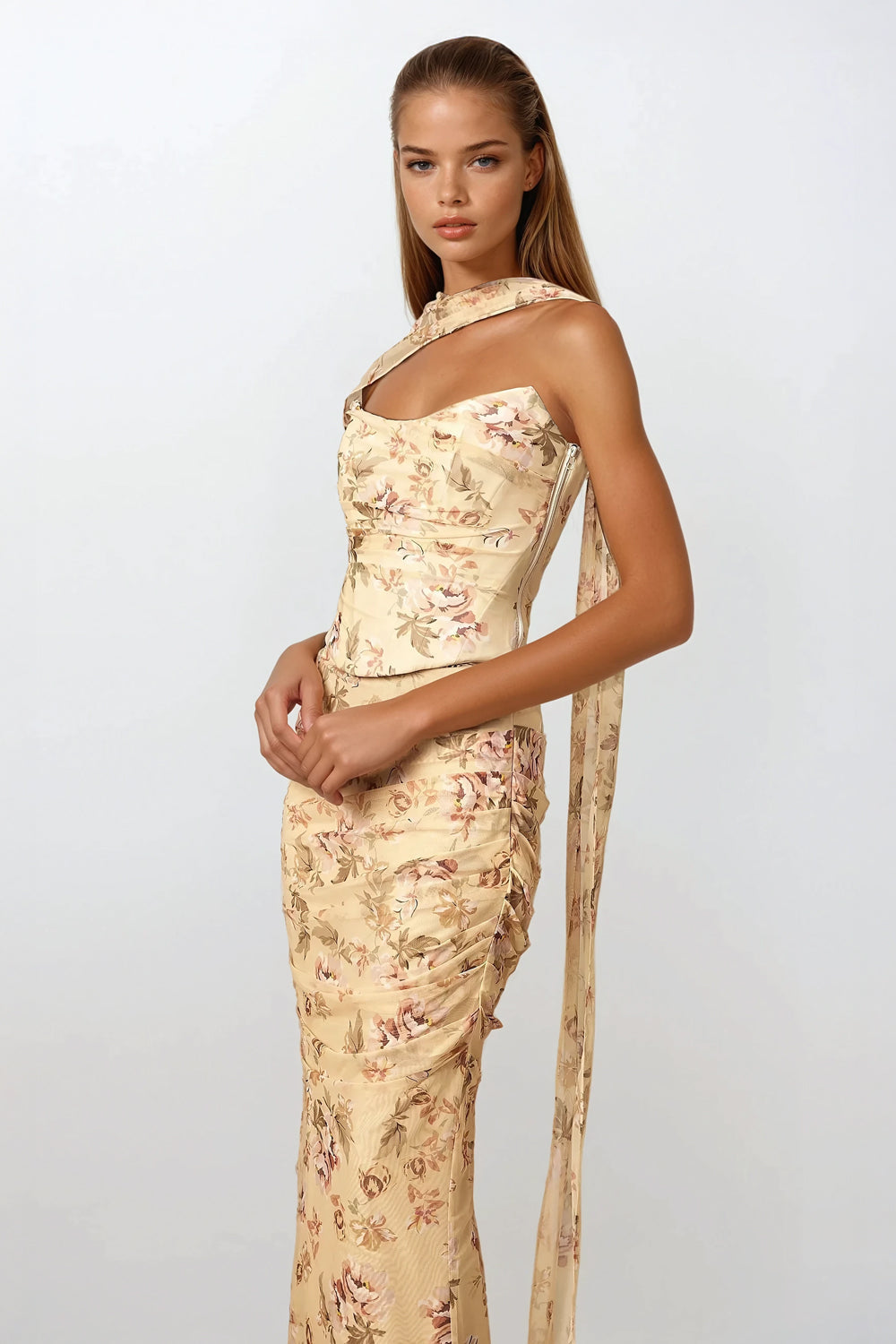 Two-Piece Set with Draped Tube Top and Ruched Maxi Skirt - White
