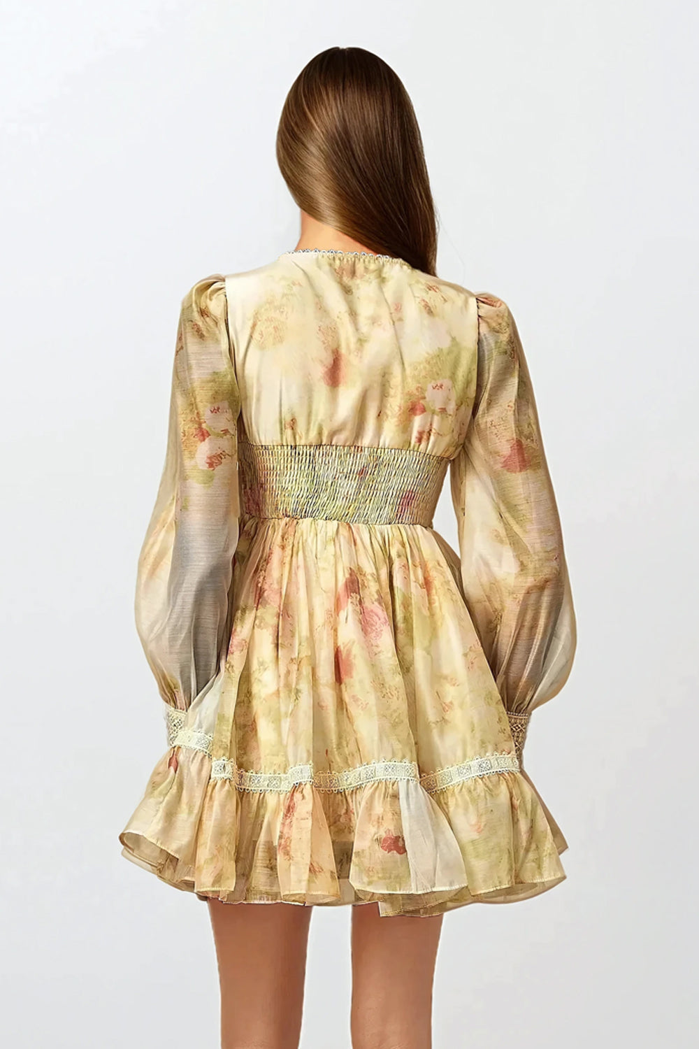 V-Neckline Ruffled Mini Dress - Yellow